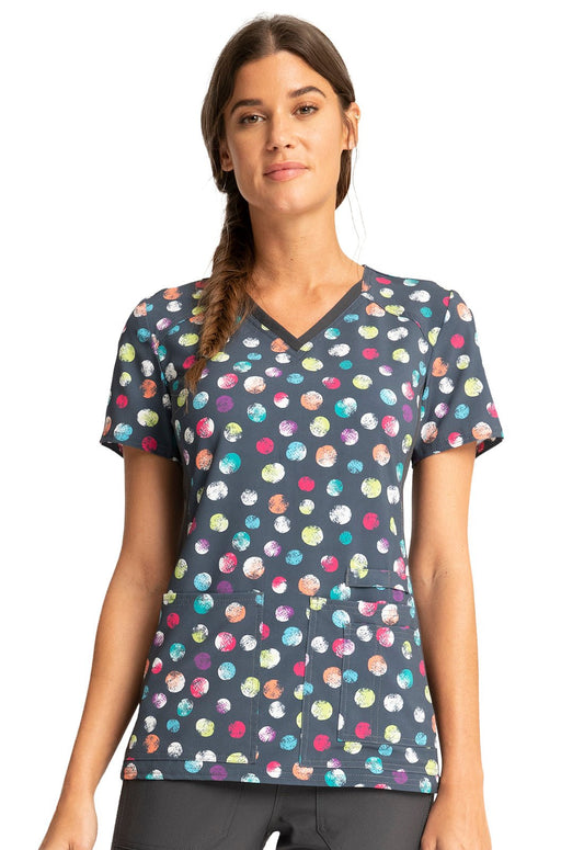 Dots Cheroke iFlex Print V Neck Knit Panel Scrub Top CK636 PYDT - Scrubs Select