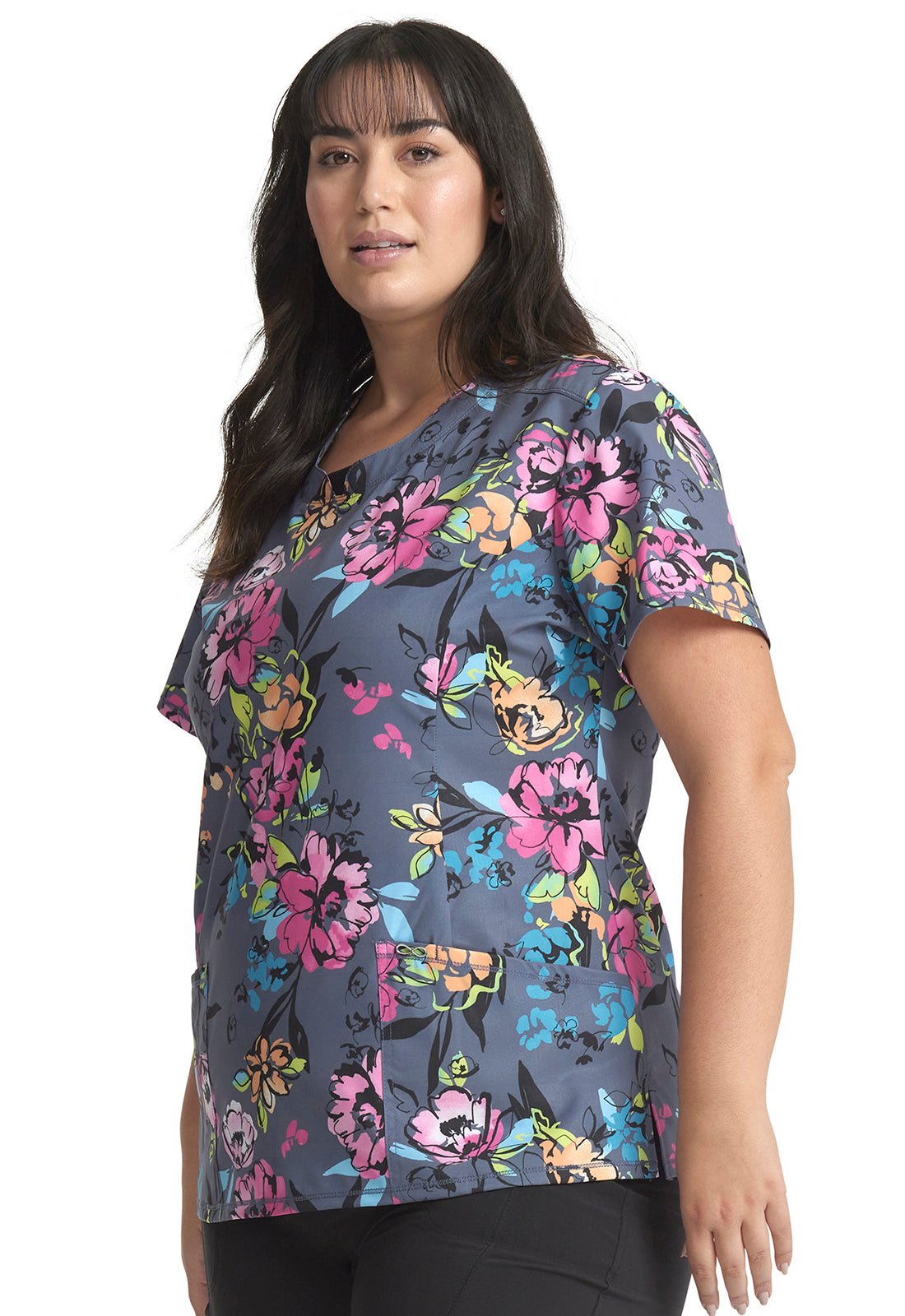 Electric Blossoms Cherokee Infinity Floral Print Round Neck Scrub Top CK609 ETBS - Scrubs Select