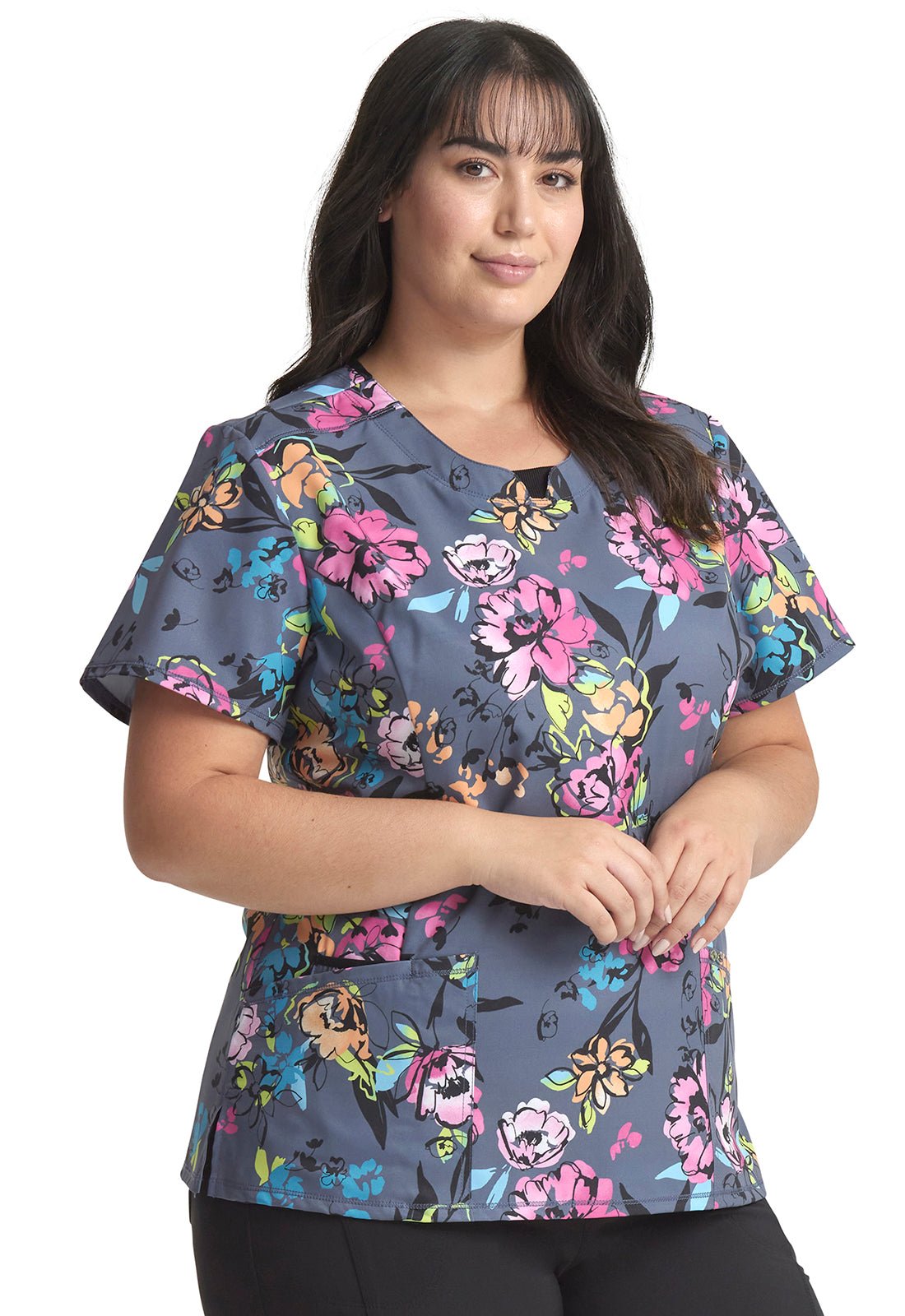 Electric Blossoms Cherokee Infinity Floral Print Round Neck Scrub Top CK609 ETBS - Scrubs Select