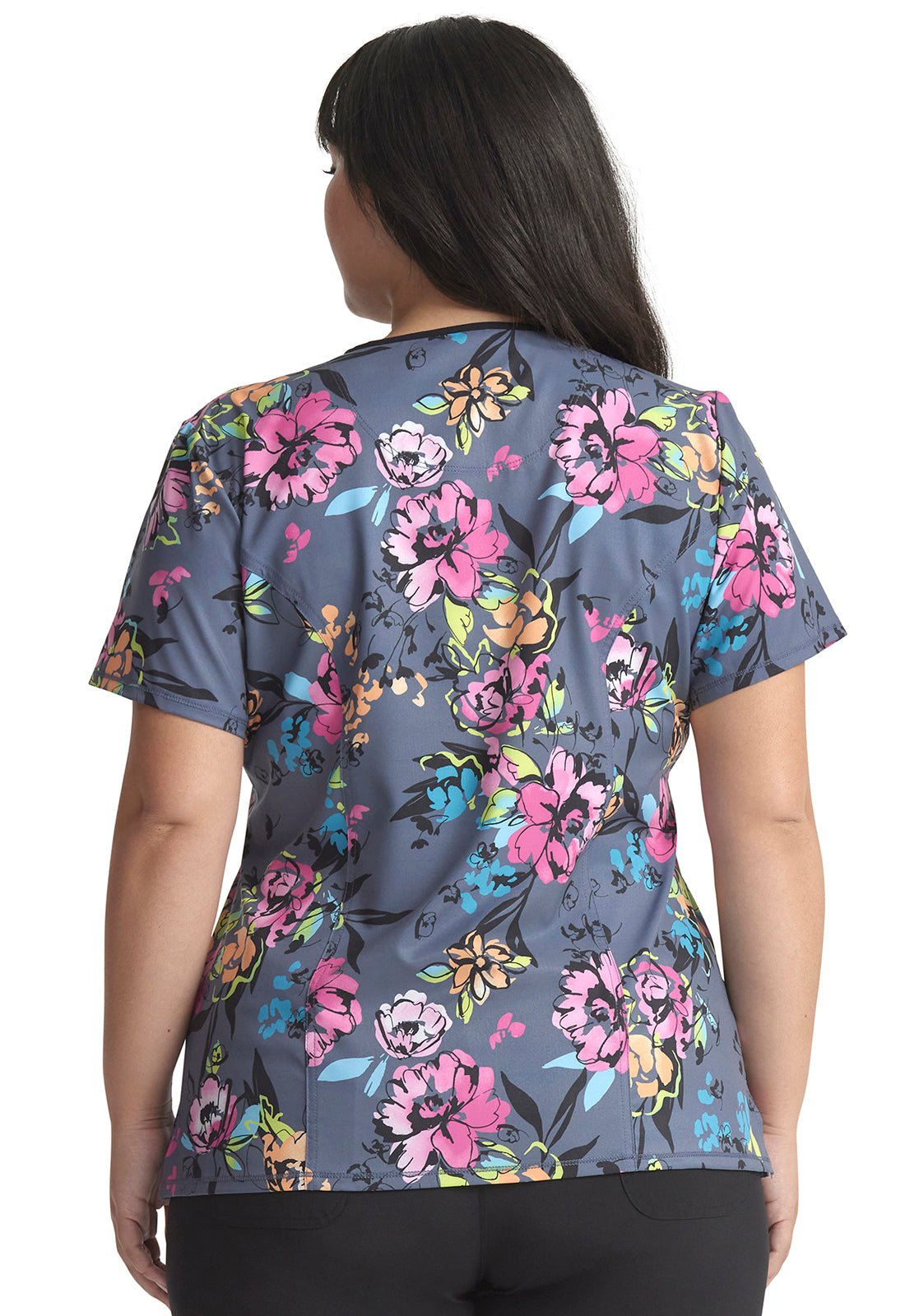 Electric Blossoms Cherokee Infinity Floral Print Round Neck Scrub Top CK609 ETBS - Scrubs Select