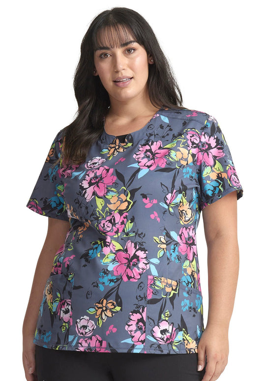 Electric Blossoms Cherokee Infinity Floral Print Round Neck Scrub Top CK609 ETBS - Scrubs Select