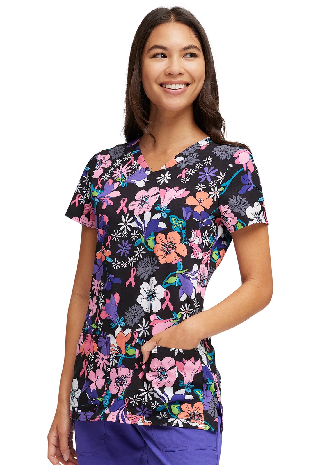 Floral Breast Cancer Awareness HeartSoul Print V Neck Scrub Top HS614 HFBM - Scrubs Select