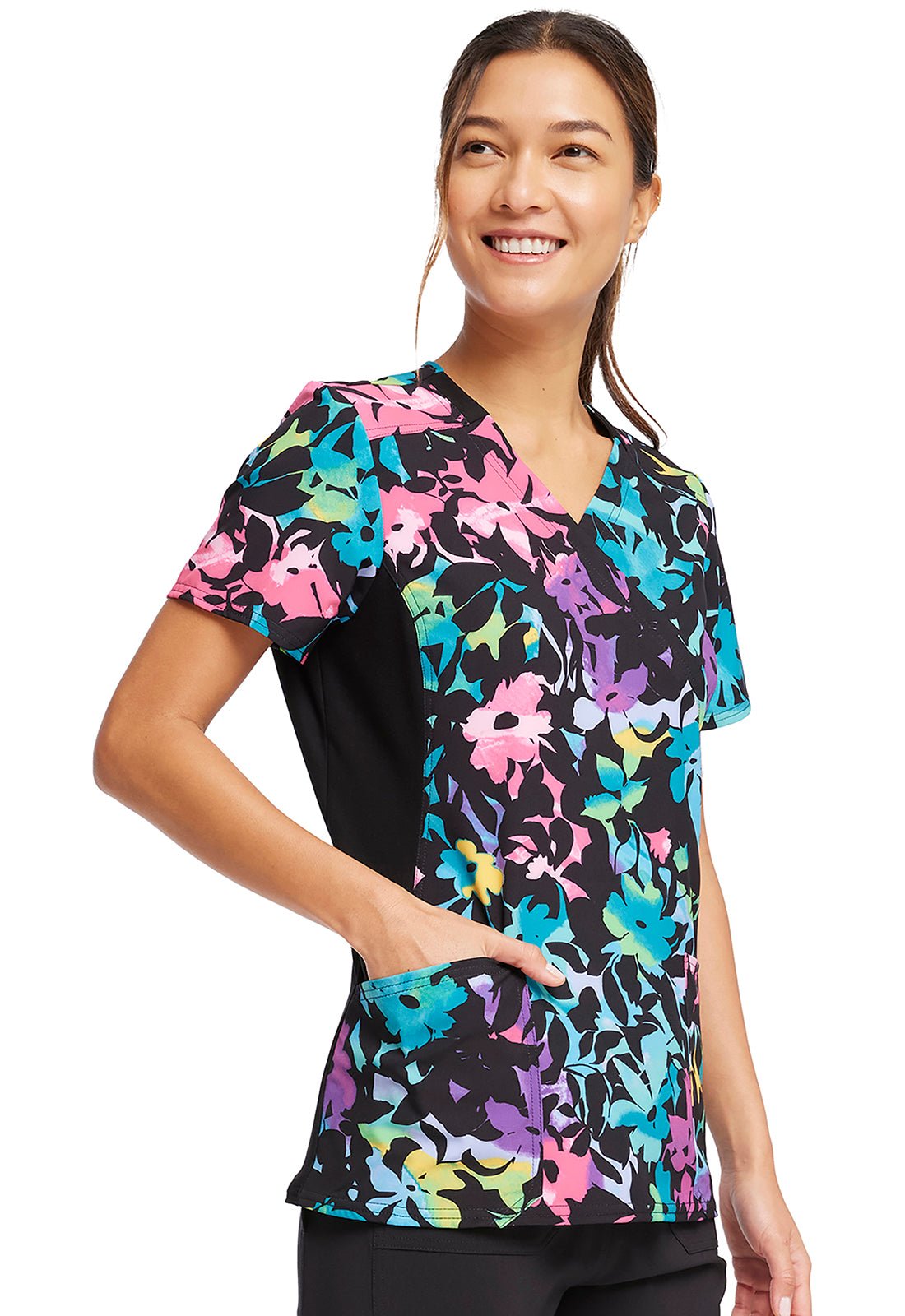 Floral Cherokee iflex Print Mock Wrap Knit Panel Scrub Top CK642 RBFR - Scrubs Select