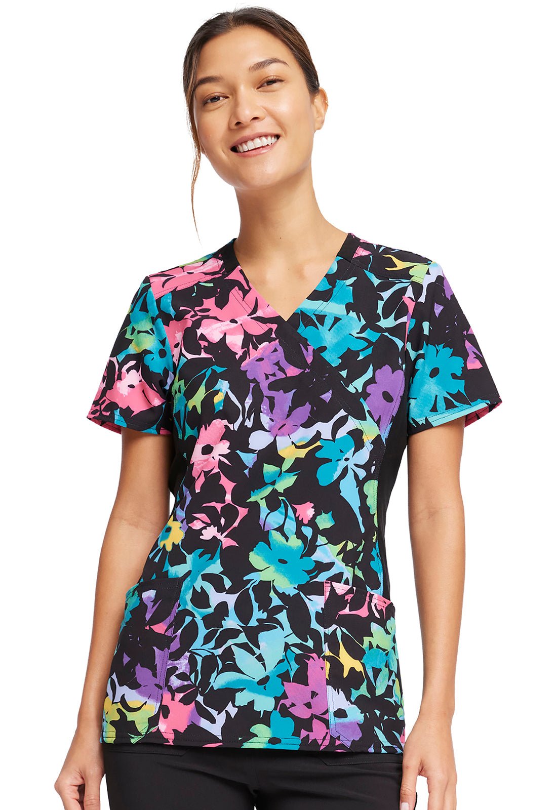 Floral Cherokee iflex Print Mock Wrap Knit Panel Scrub Top CK642 RBFR - Scrubs Select