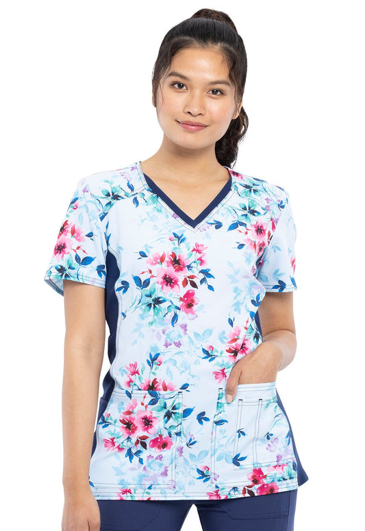 Floral Cherokee iFlex Print V Neck Knit Panel Scrub Top CK636 FFNY - Scrubs Select