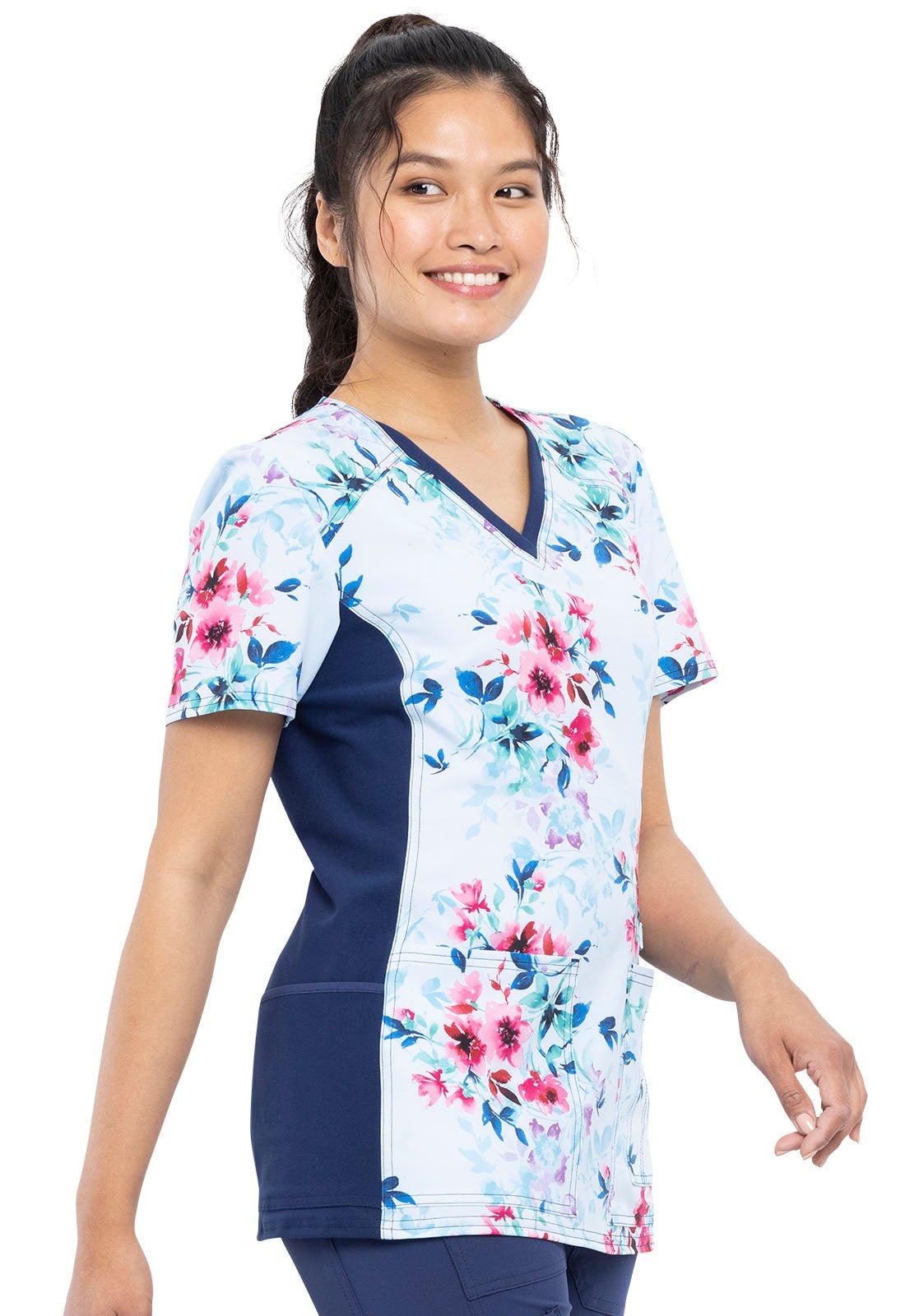 Floral Cherokee iFlex Print V Neck Knit Panel Scrub Top CK636 FFNY - Scrubs Select