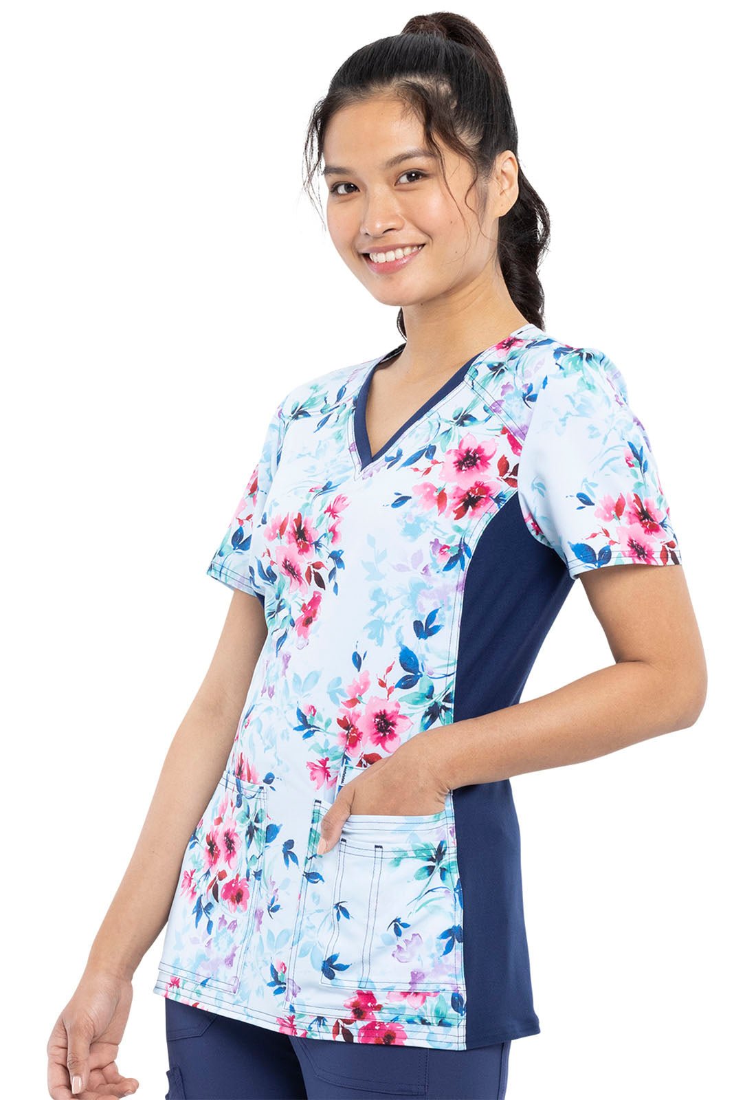 Floral Cherokee iFlex Print V Neck Knit Panel Scrub Top CK636 FFNY - Scrubs Select