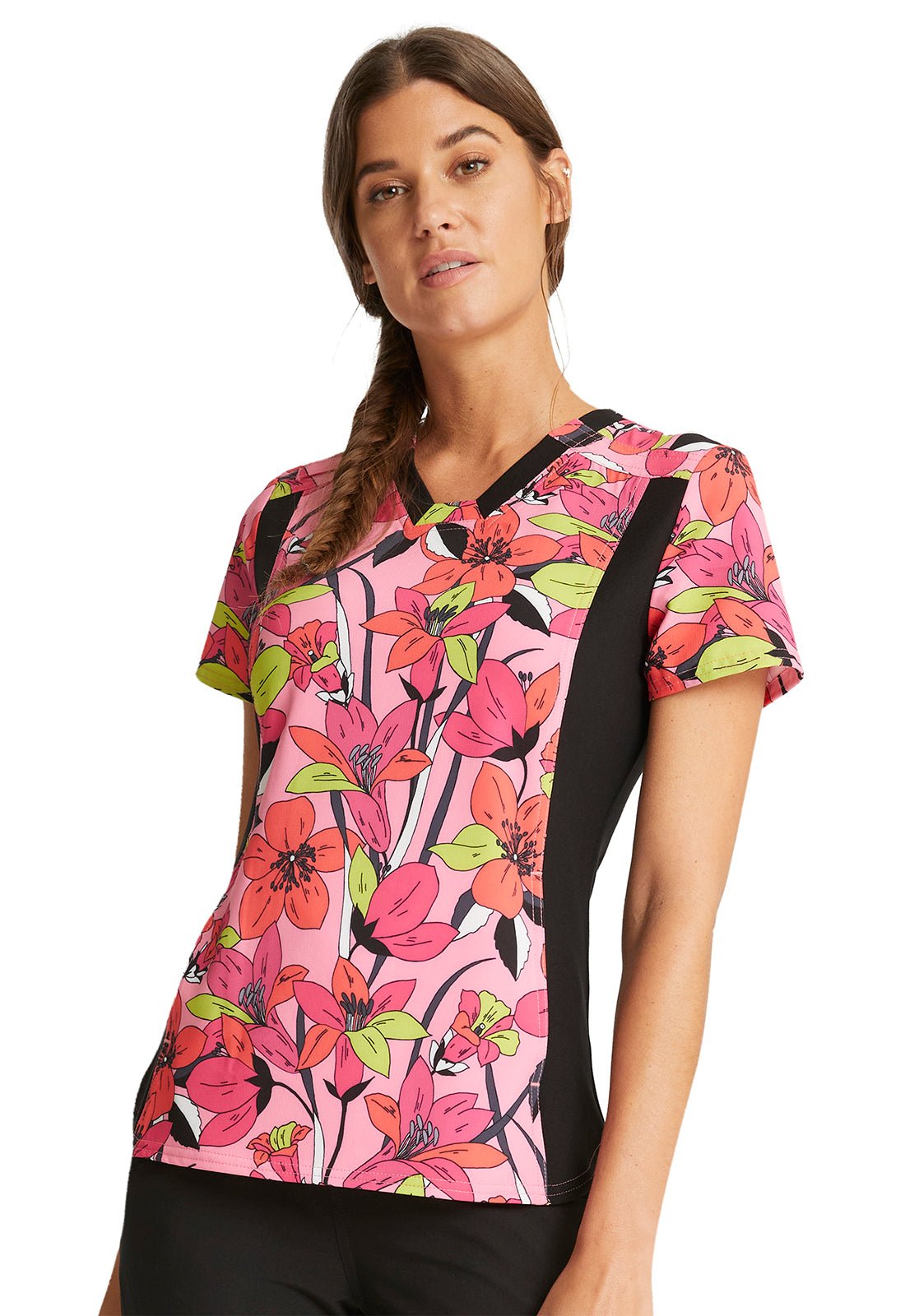 Floral Cherokee iFlex Print V Neck Knit Panel Scrub Top CK641 RTBM - Scrubs Select