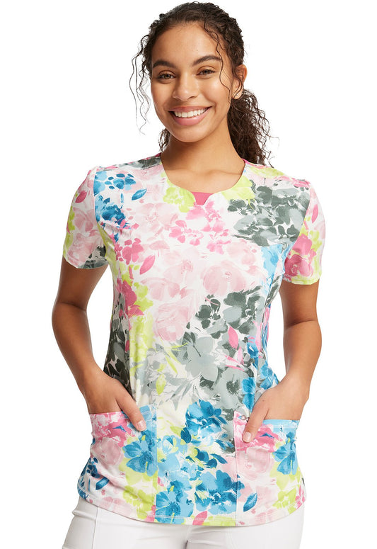 Floral Cherokee Infinity Print Round Neck Scrub Top CK609 BHAB - Scrubs Select