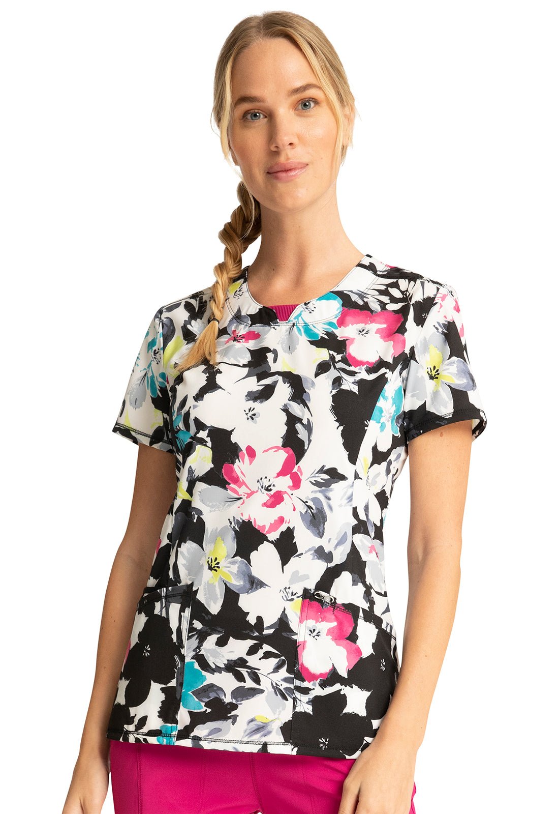 Floral Cherokee Infinity Print Round Neck Scrub Top CK609 IKGD - Scrubs Select