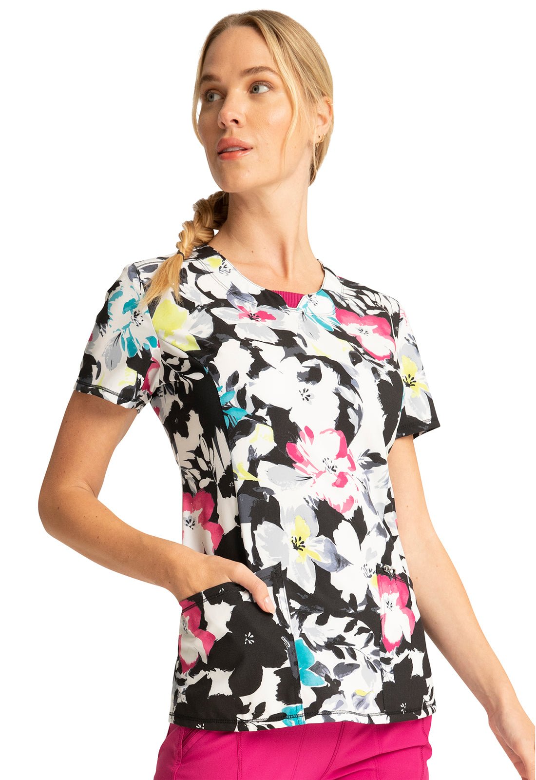 Floral Cherokee Infinity Print Round Neck Scrub Top CK609 IKGD - Scrubs Select