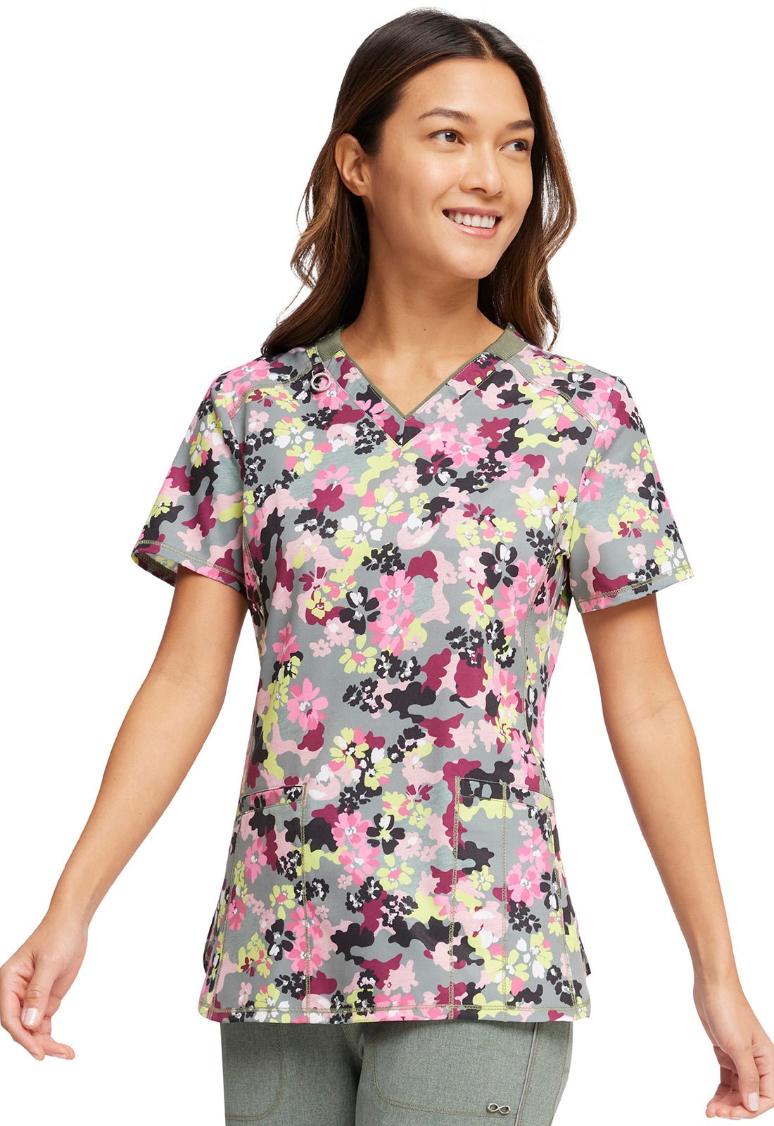 Floral Cherokee Infinity Print V Neck Scrub Top CK634 FLCM - Scrubs Select