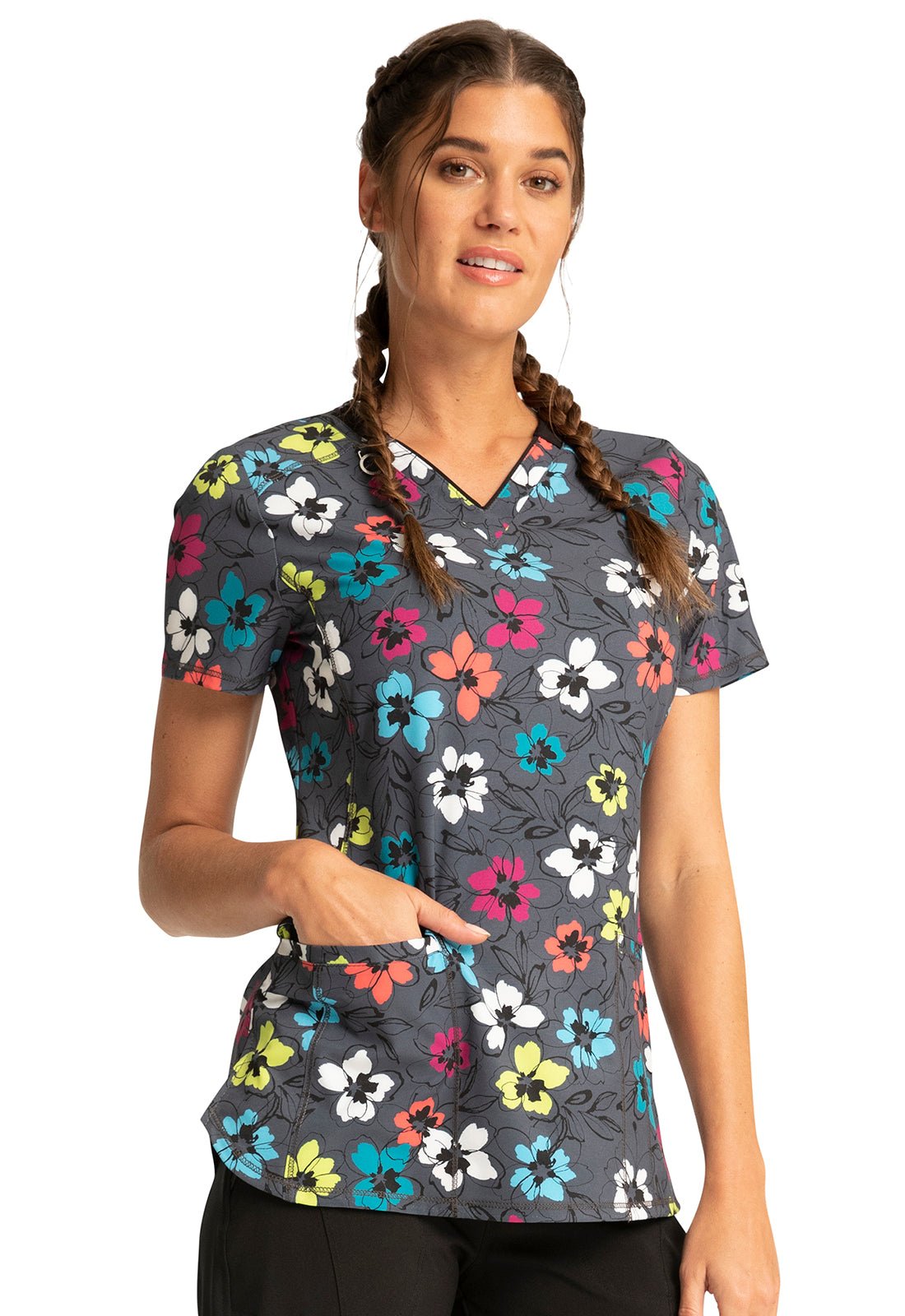 Floral Cherokee Infinity Print V Neck Scrub Top CK634 GLFI - Scrubs Select