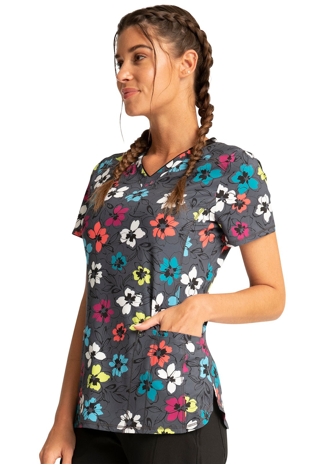 Floral Cherokee Infinity Print V Neck Scrub Top CK634 GLFI - Scrubs Select