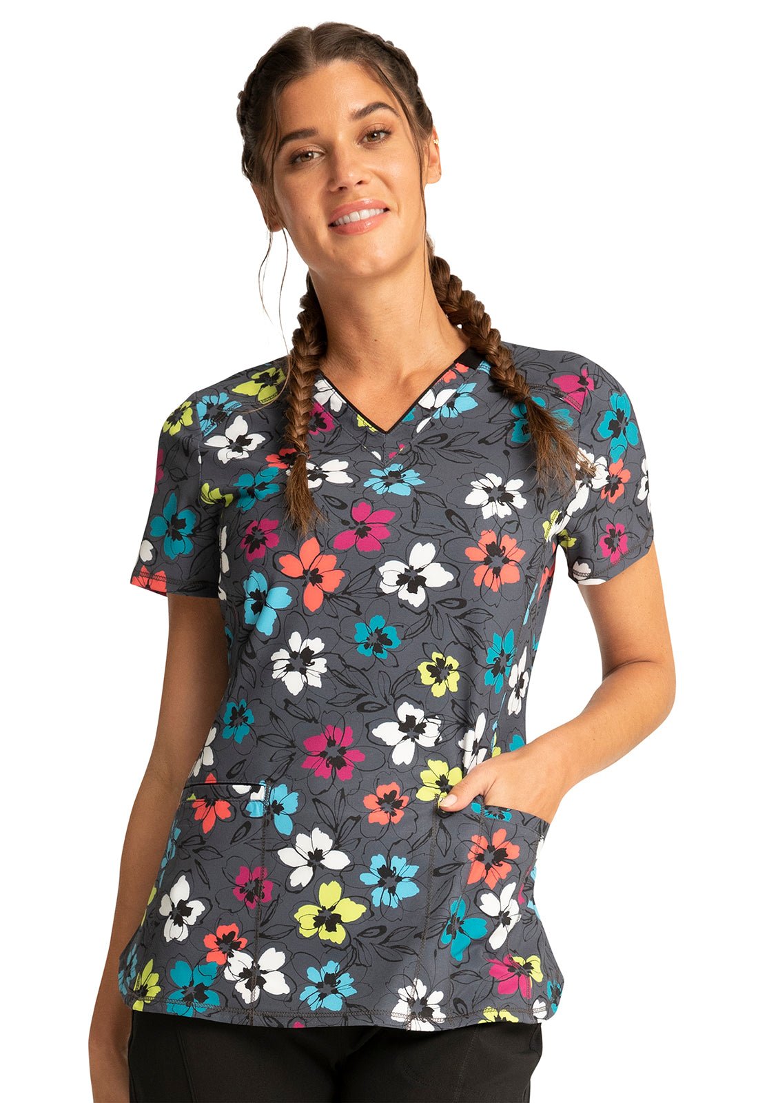 Floral Cherokee Infinity Print V Neck Scrub Top CK634 GLFI - Scrubs Select