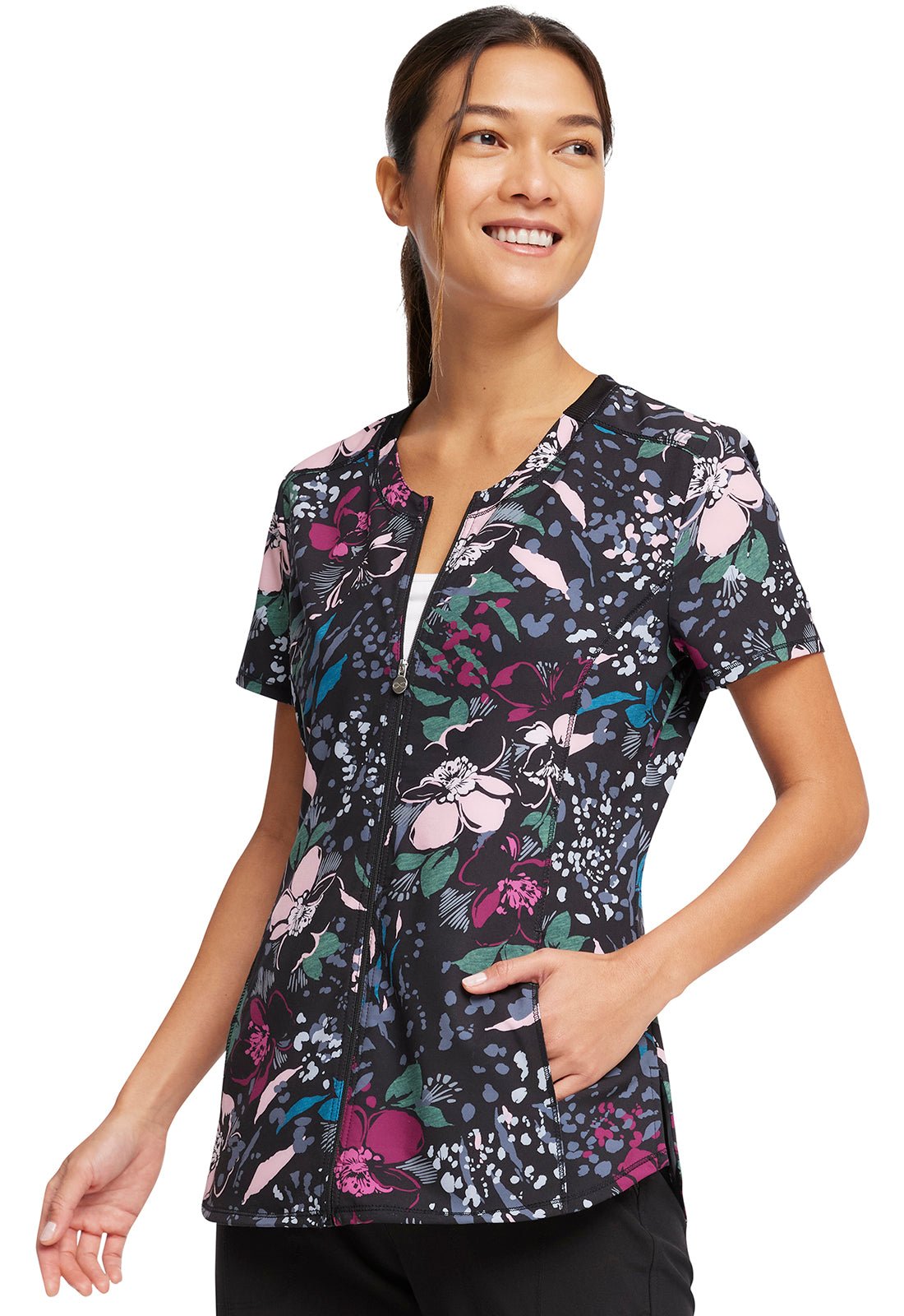 Floral Cherokee Infinity Print Zip Front Scrub Top CK772 WFLU - Scrubs Select