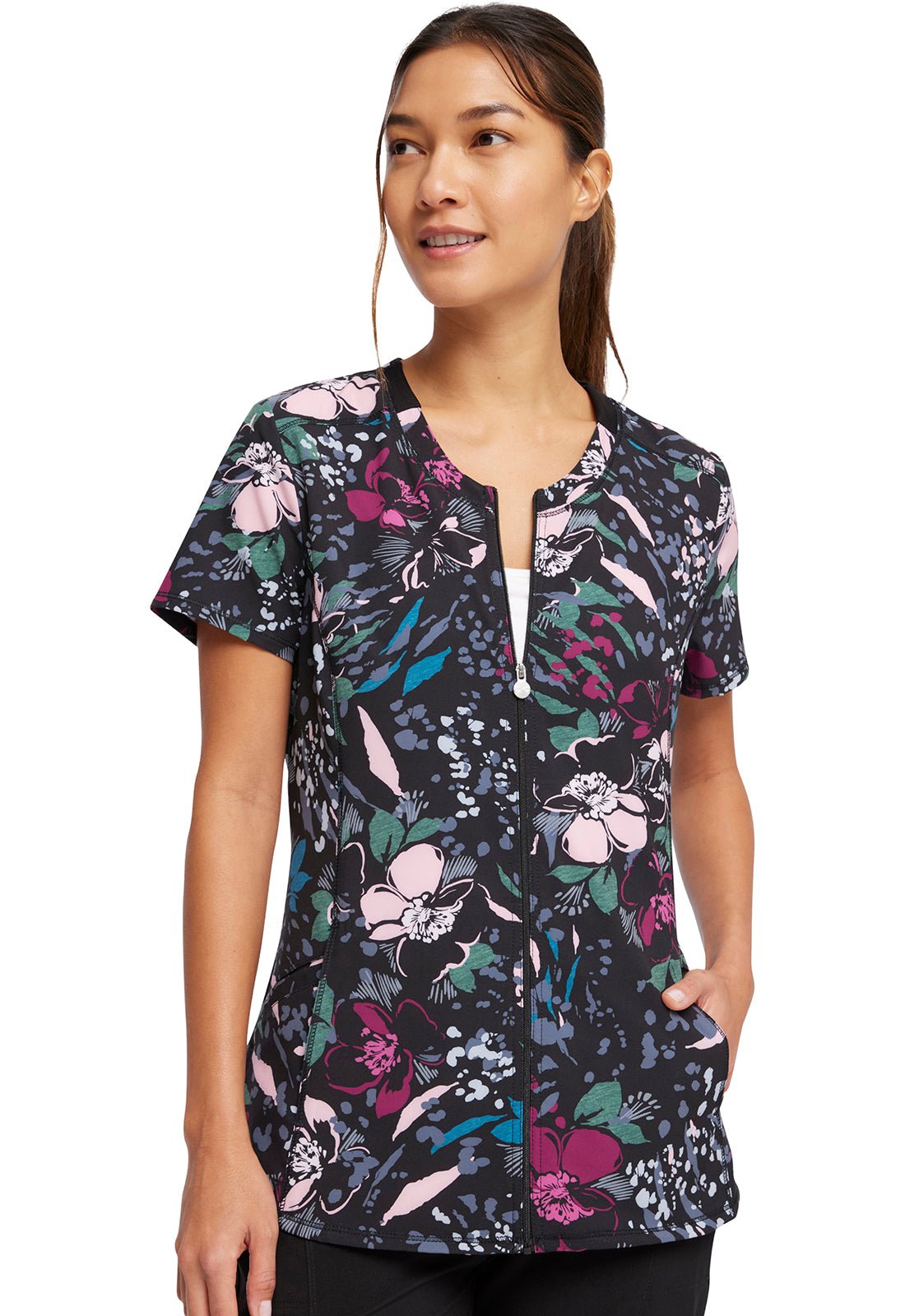 Floral Cherokee Infinity Print Zip Front Scrub Top CK772 WFLU - Scrubs Select