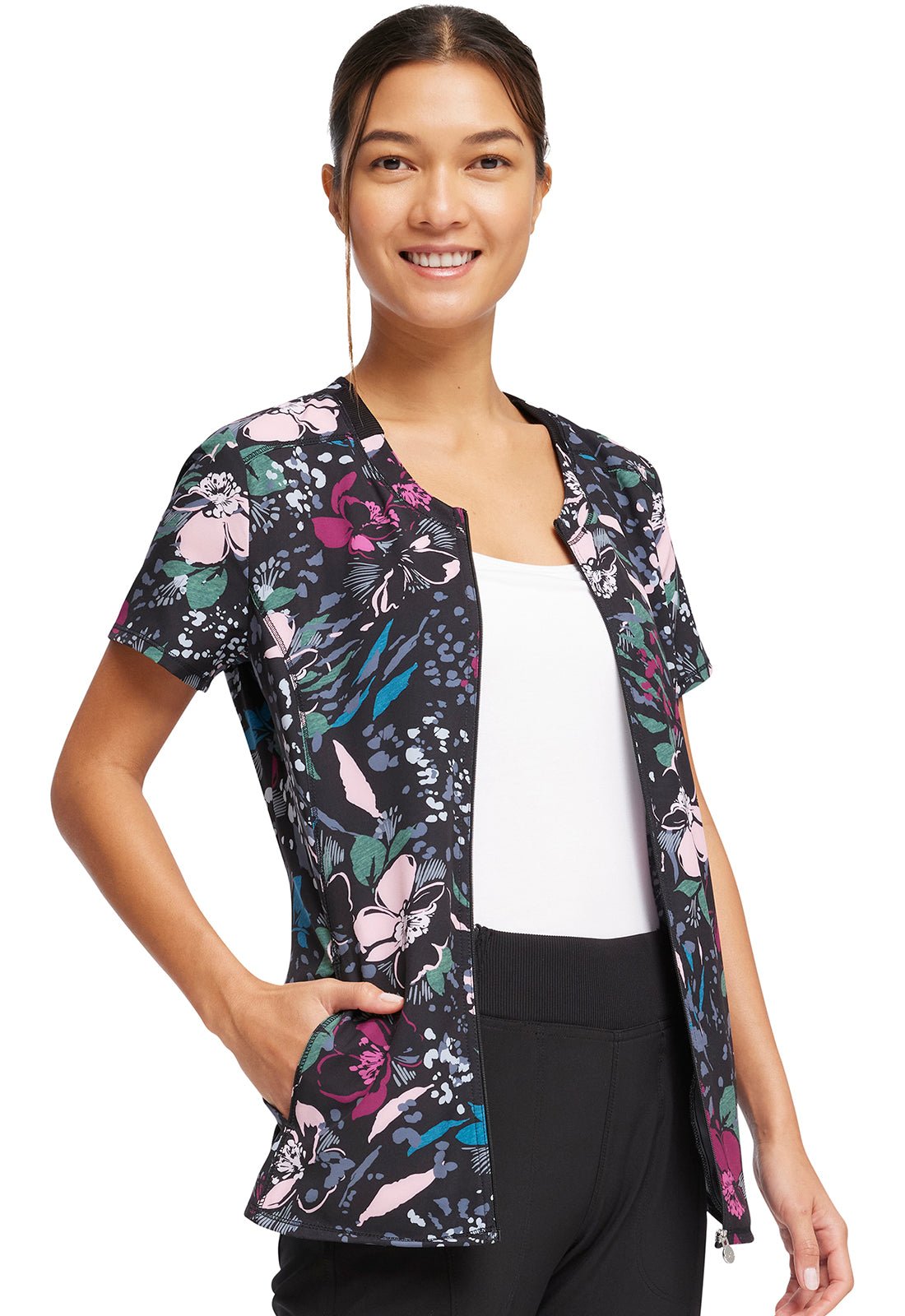 Floral Cherokee Infinity Print Zip Front Scrub Top CK772 WFLU - Scrubs Select