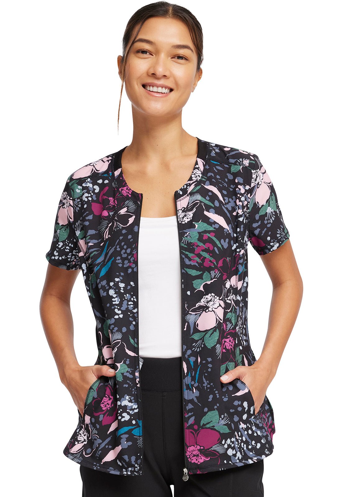 Floral Cherokee Infinity Print Zip Front Scrub Top CK772 WFLU - Scrubs Select