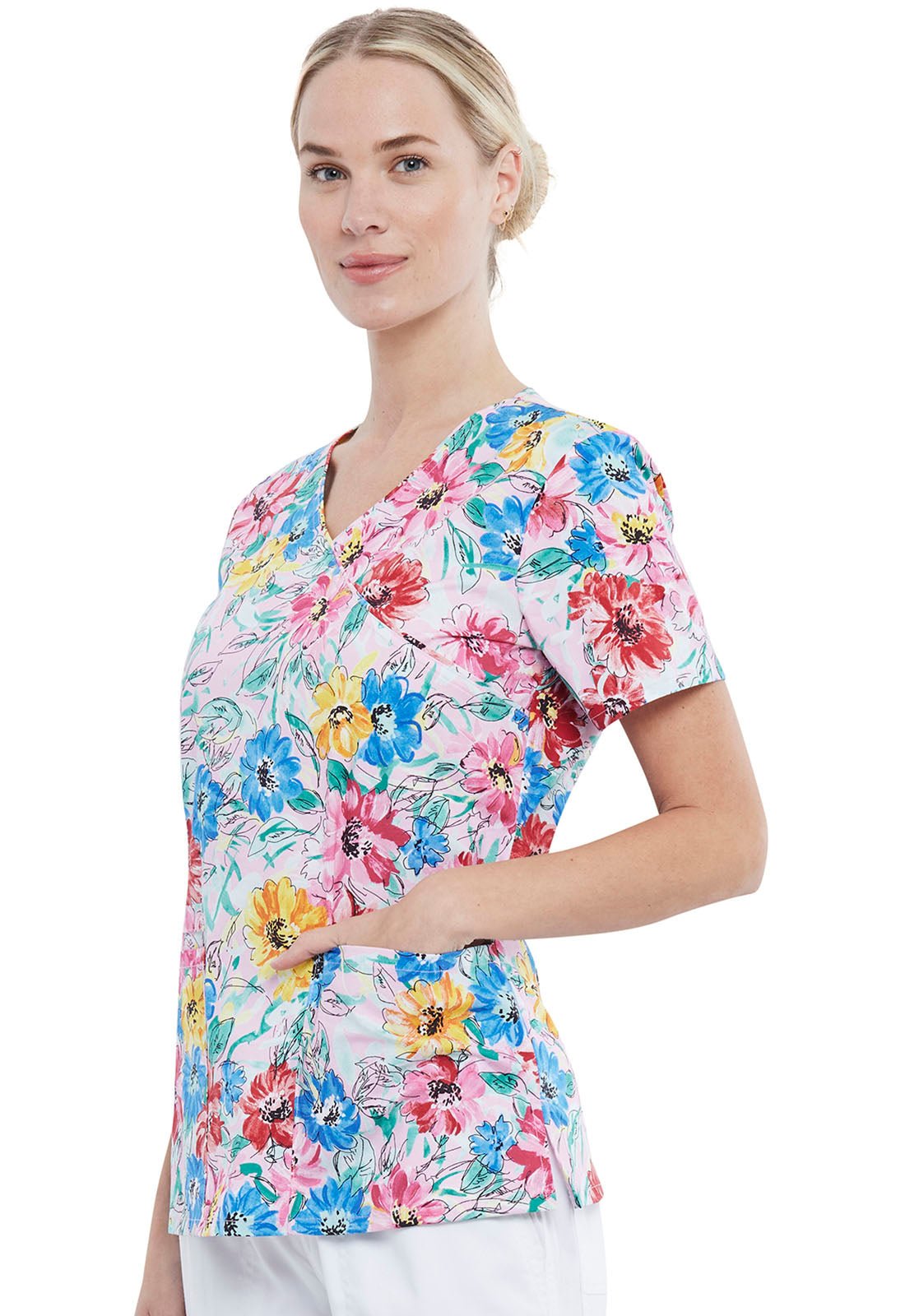 Floral Cherokee Print Mock Wrap Scrub Top CK614 WABS - Scrubs Select