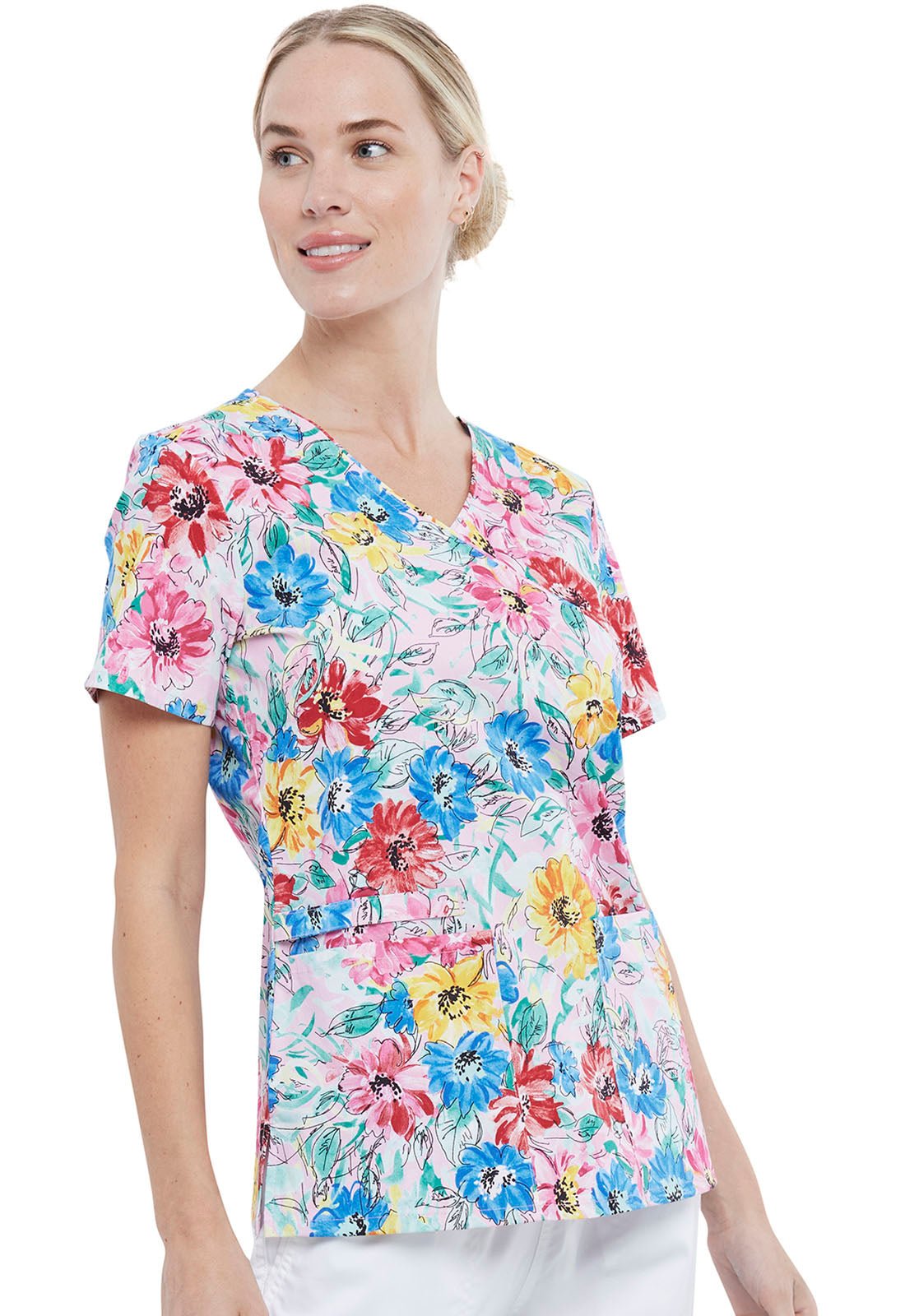 Floral Cherokee Print Mock Wrap Scrub Top CK614 WABS - Scrubs Select