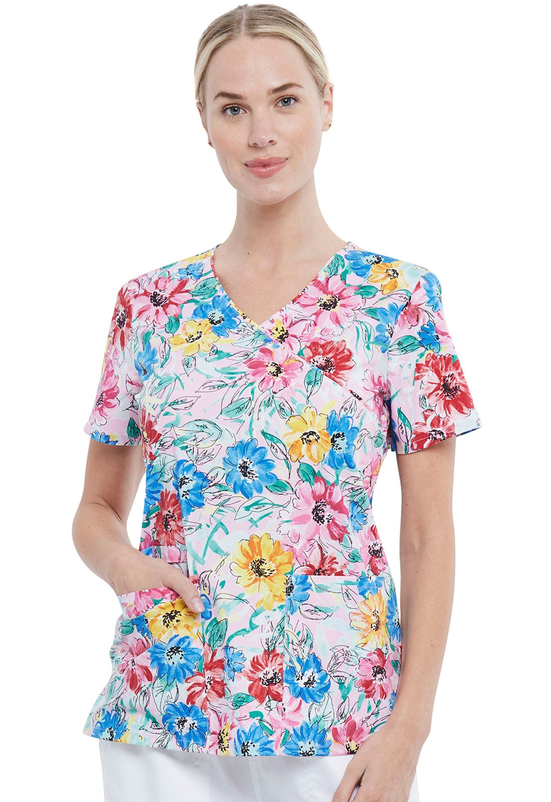 Floral Cherokee Print Mock Wrap Scrub Top CK614 WABS - Scrubs Select