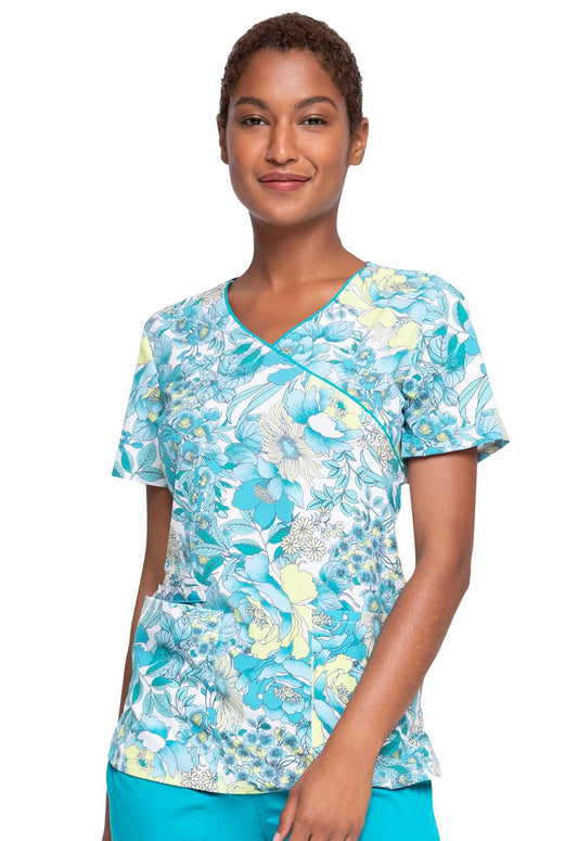 Floral Cherokee Print Mock Wrap Scrub Top CK688 VTFL - Scrubs Select