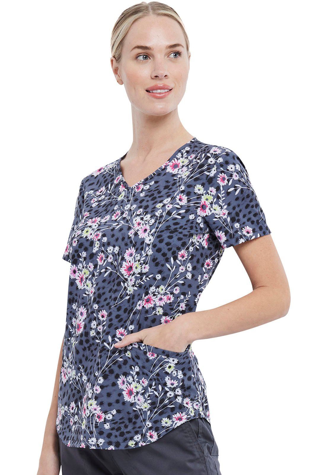 Floral Cherokee Print V Neck Scrub Top CK637 CAHF - Scrubs Select