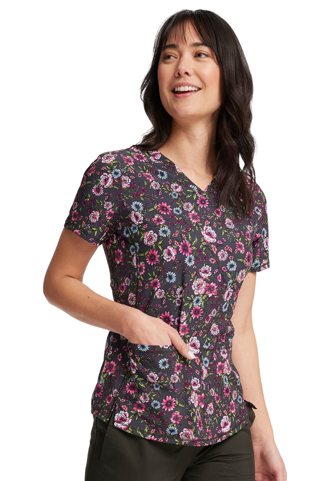 Floral Cherokee Print V Neck Scrub Top CK703 RMGD - Scrubs Select