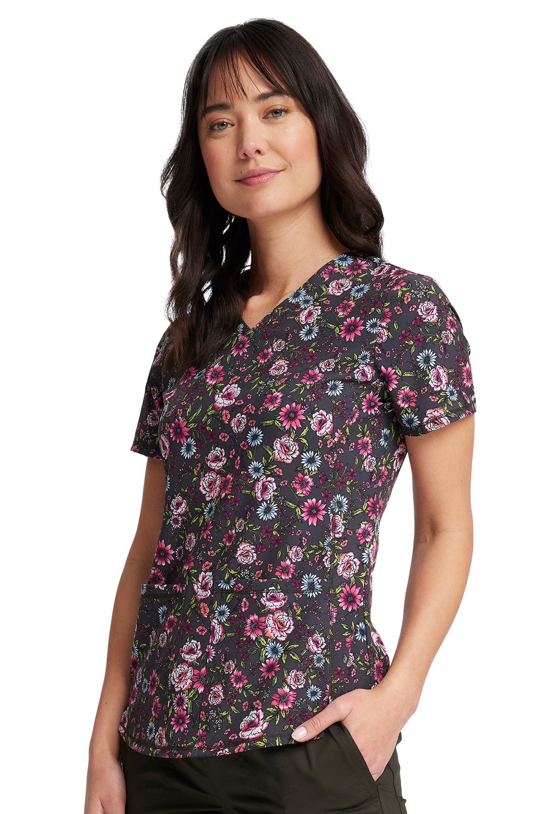 Floral Cherokee Print V Neck Scrub Top CK703 RMGD - Scrubs Select