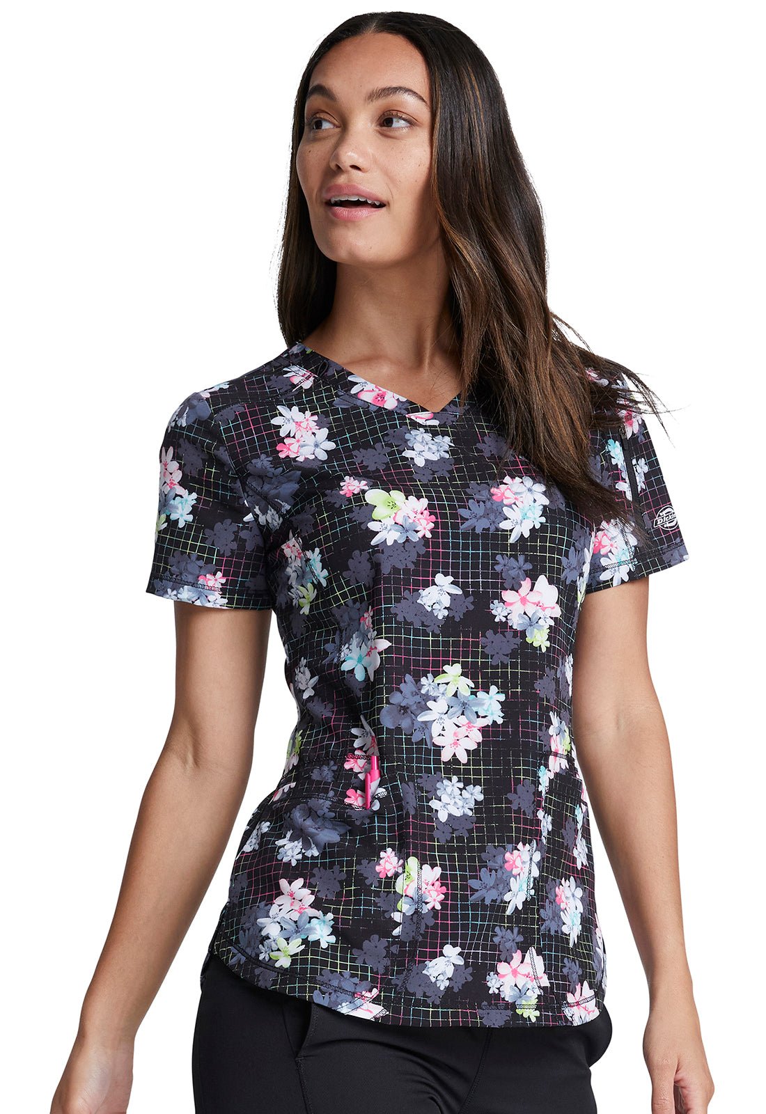 Floral Dickies Dynamix Print V Neck Scrub Top DK731 LBBM - Scrubs Select