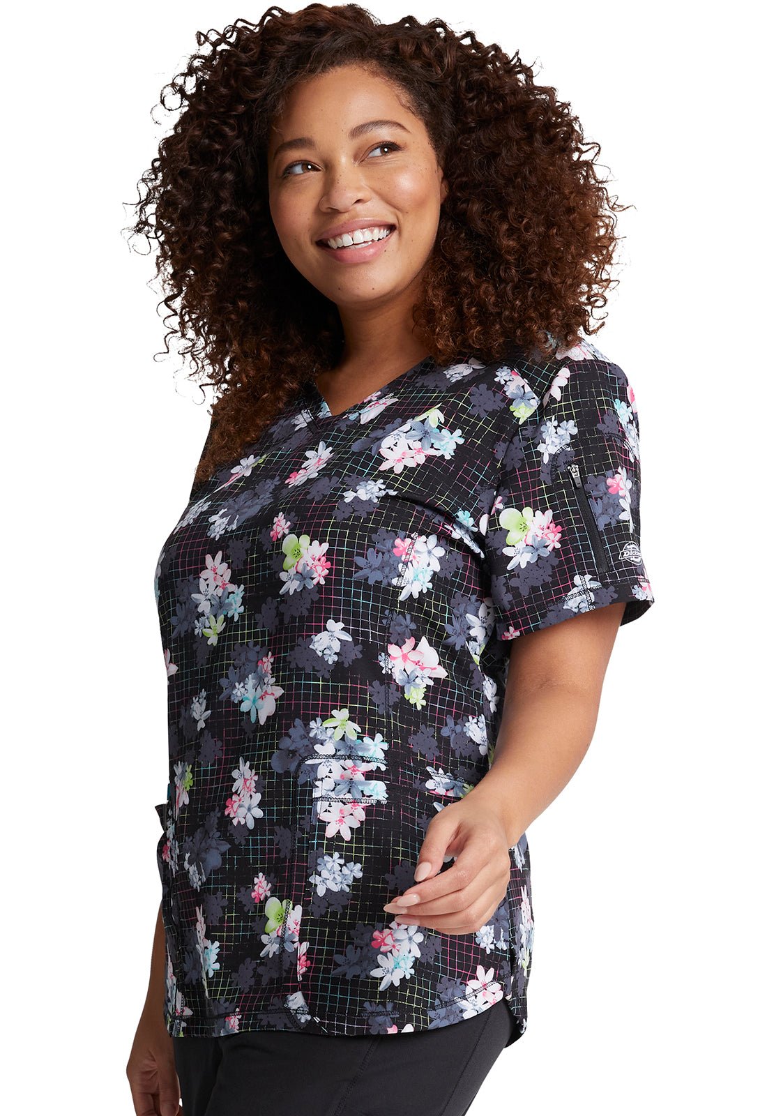 Floral Dickies Dynamix Print V Neck Scrub Top DK731 LBBM - Scrubs Select