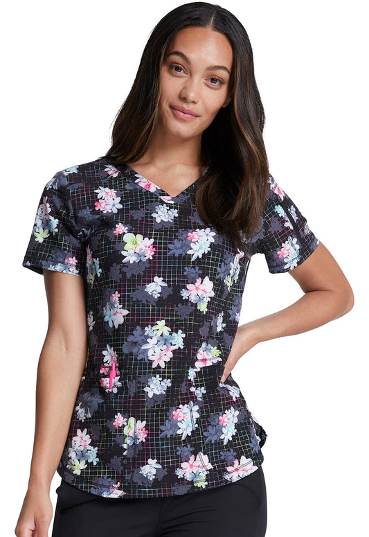 Floral Dickies Dynamix Print V Neck Scrub Top DK731 LBBM - Scrubs Select