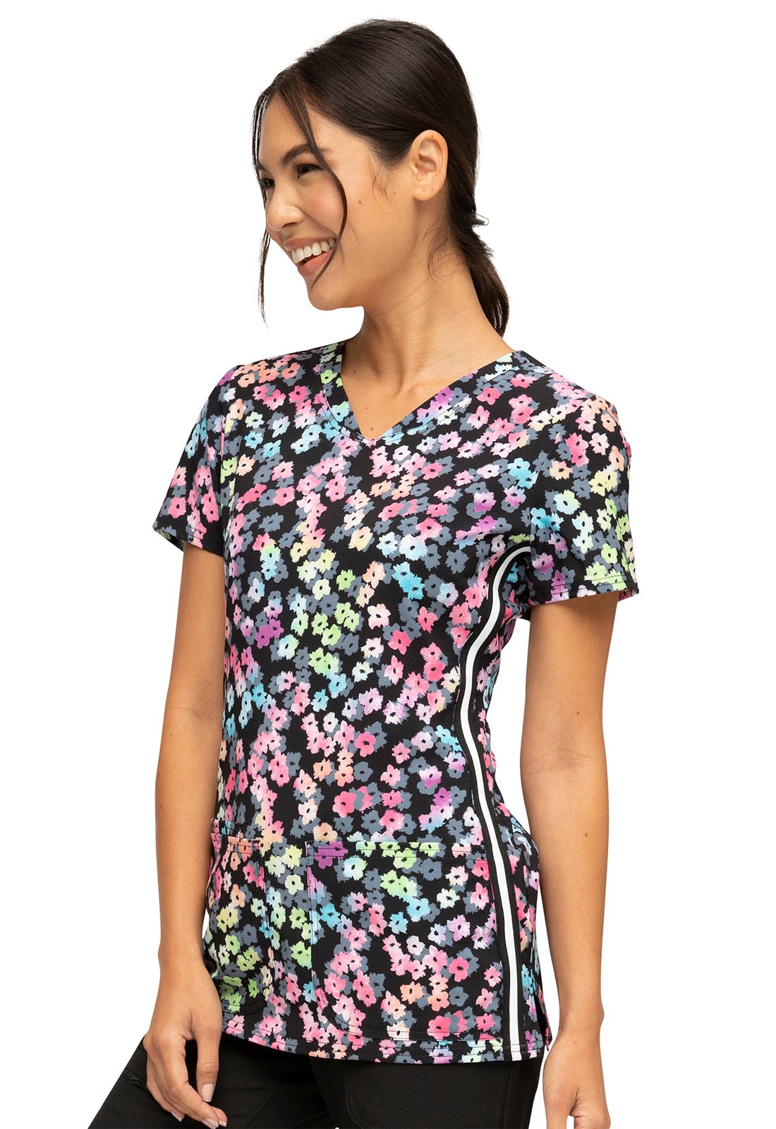 Floral Heartsoul Print V Neck Scrub Top HS720 RWBM - Scrubs Select