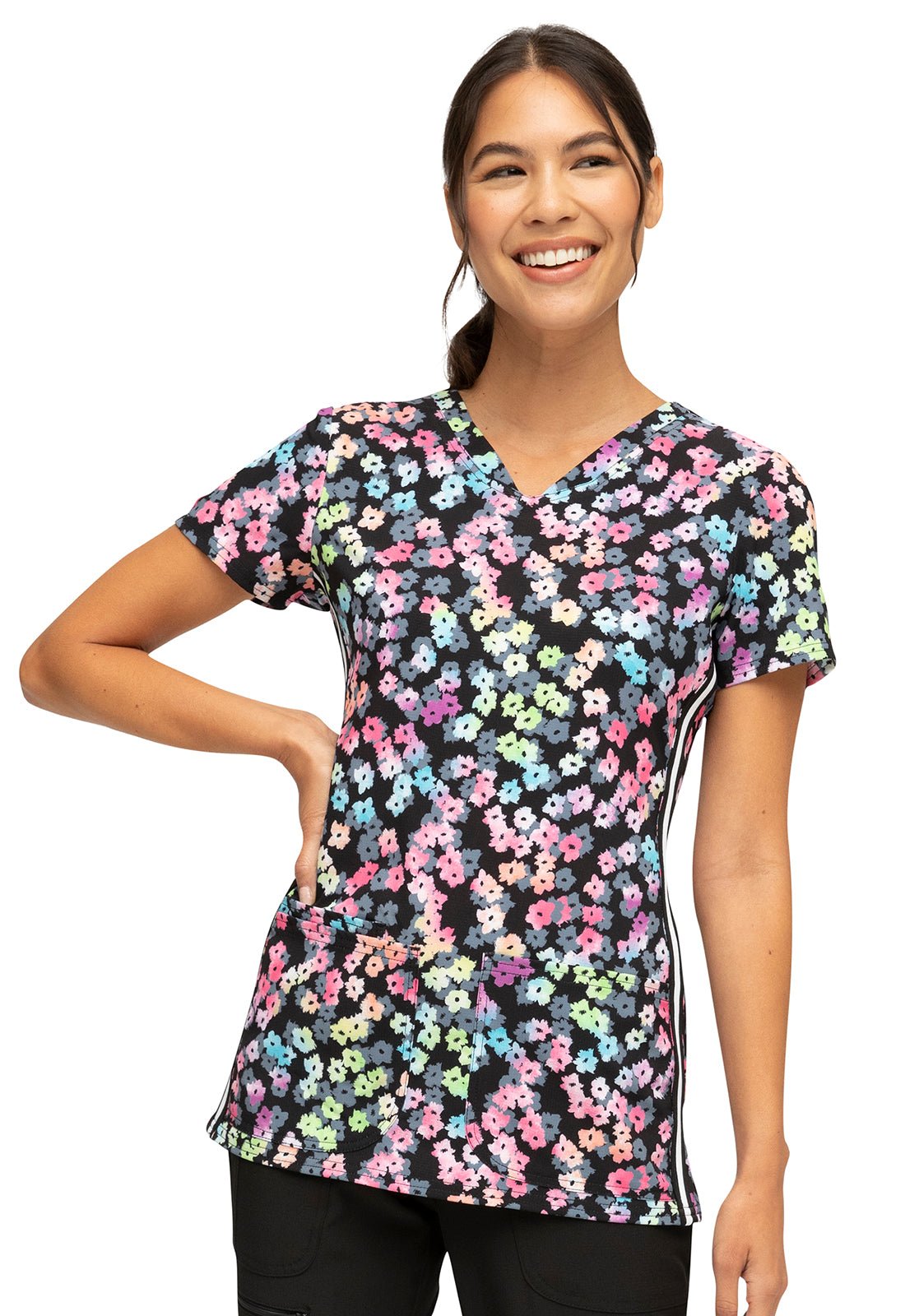 Floral Heartsoul Print V Neck Scrub Top HS720 RWBM - Scrubs Select