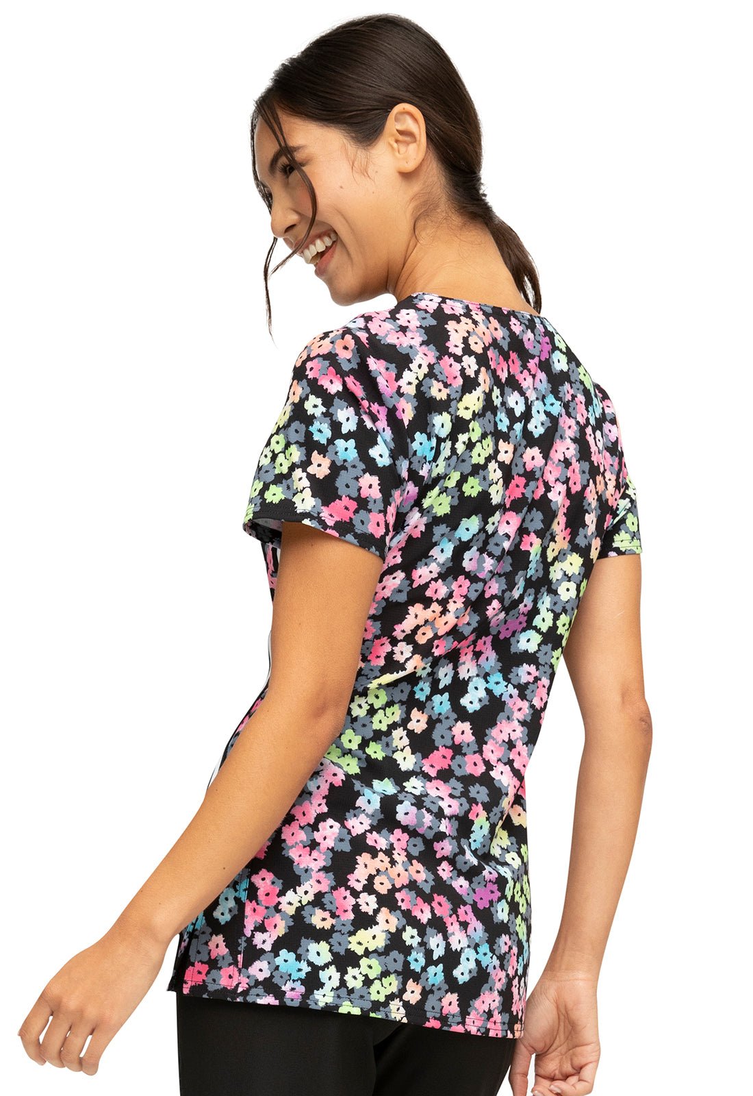 Floral Heartsoul Print V Neck Scrub Top HS720 RWBM - Scrubs Select