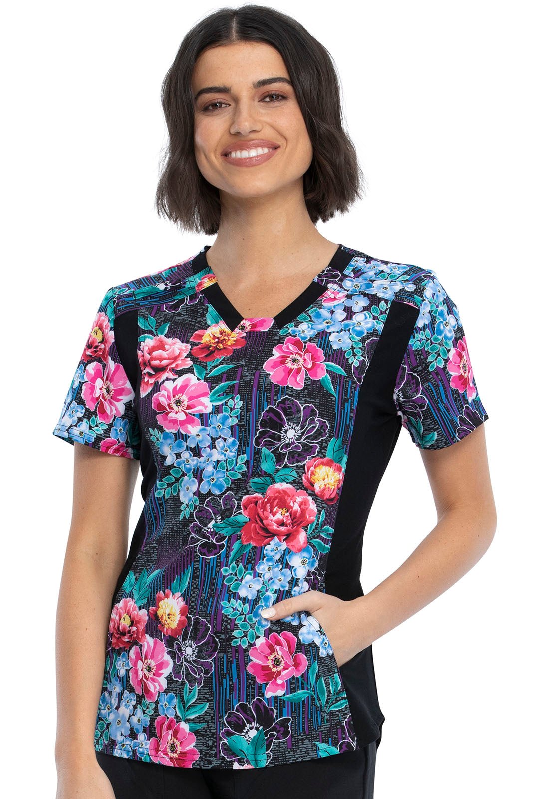 Floral Print Cherokee iFlex V Neck Knit Panel Scrub Top CK641 FWTC - Scrubs Select