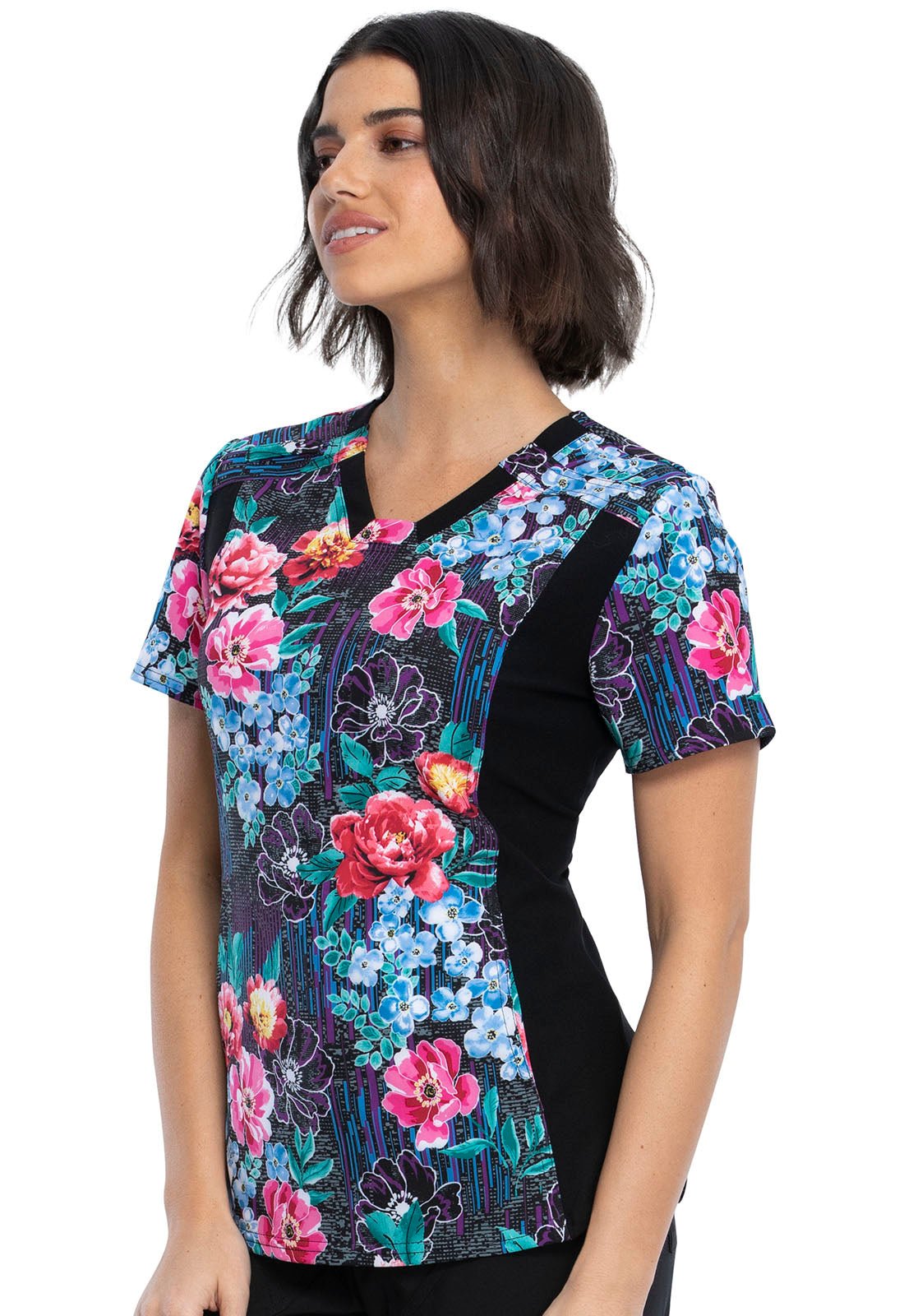 Floral Print Cherokee iFlex V Neck Knit Panel Scrub Top CK641 FWTC - Scrubs Select