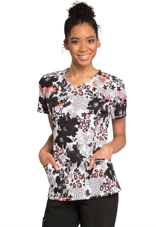 Floral Print Cherokee Infinity Round Neck Scrub Top CK609 WDFA - Scrubs Select