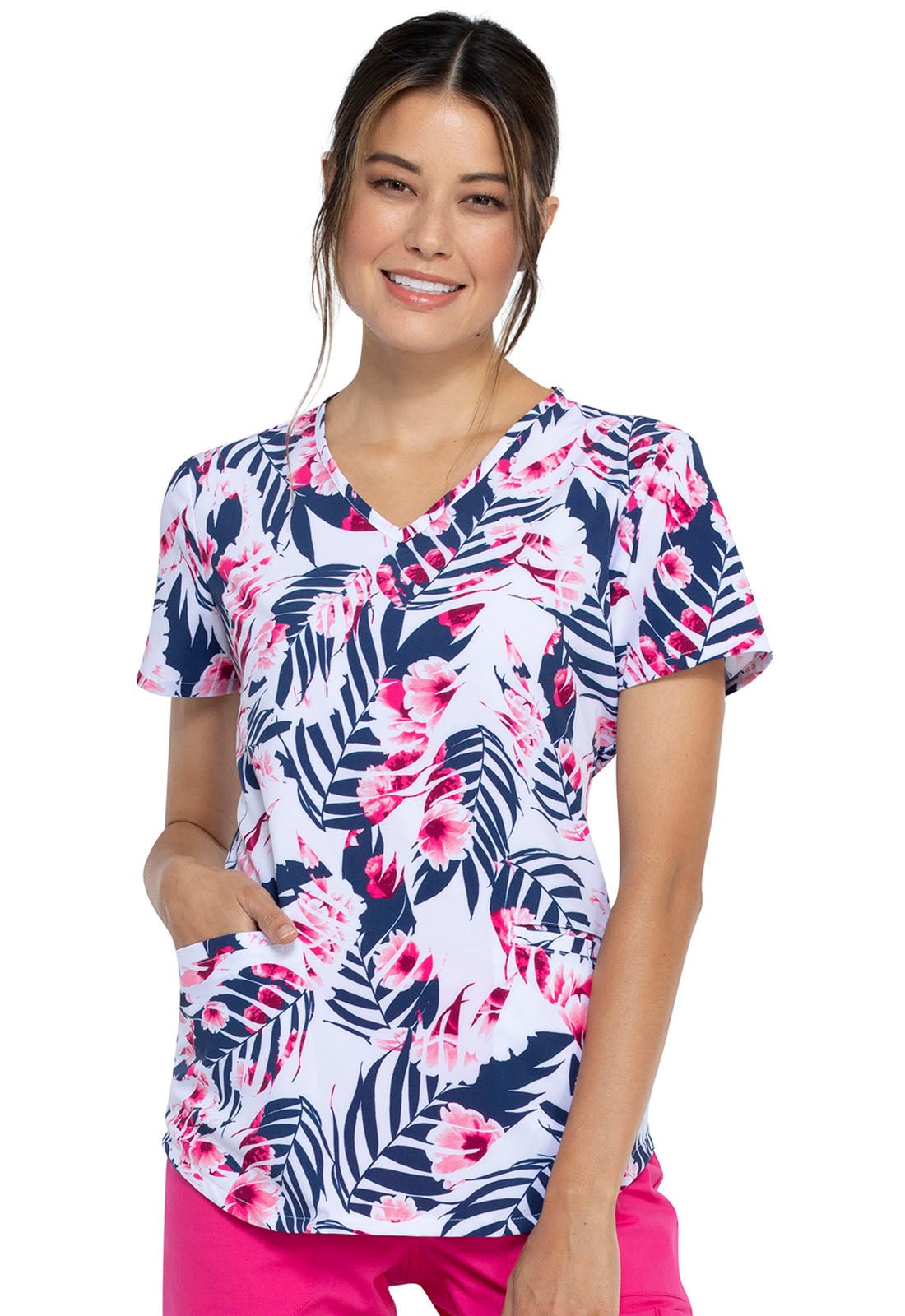 Floral Print Cherokee V Neck Scrub Top CK637 PAAN - Scrubs Select