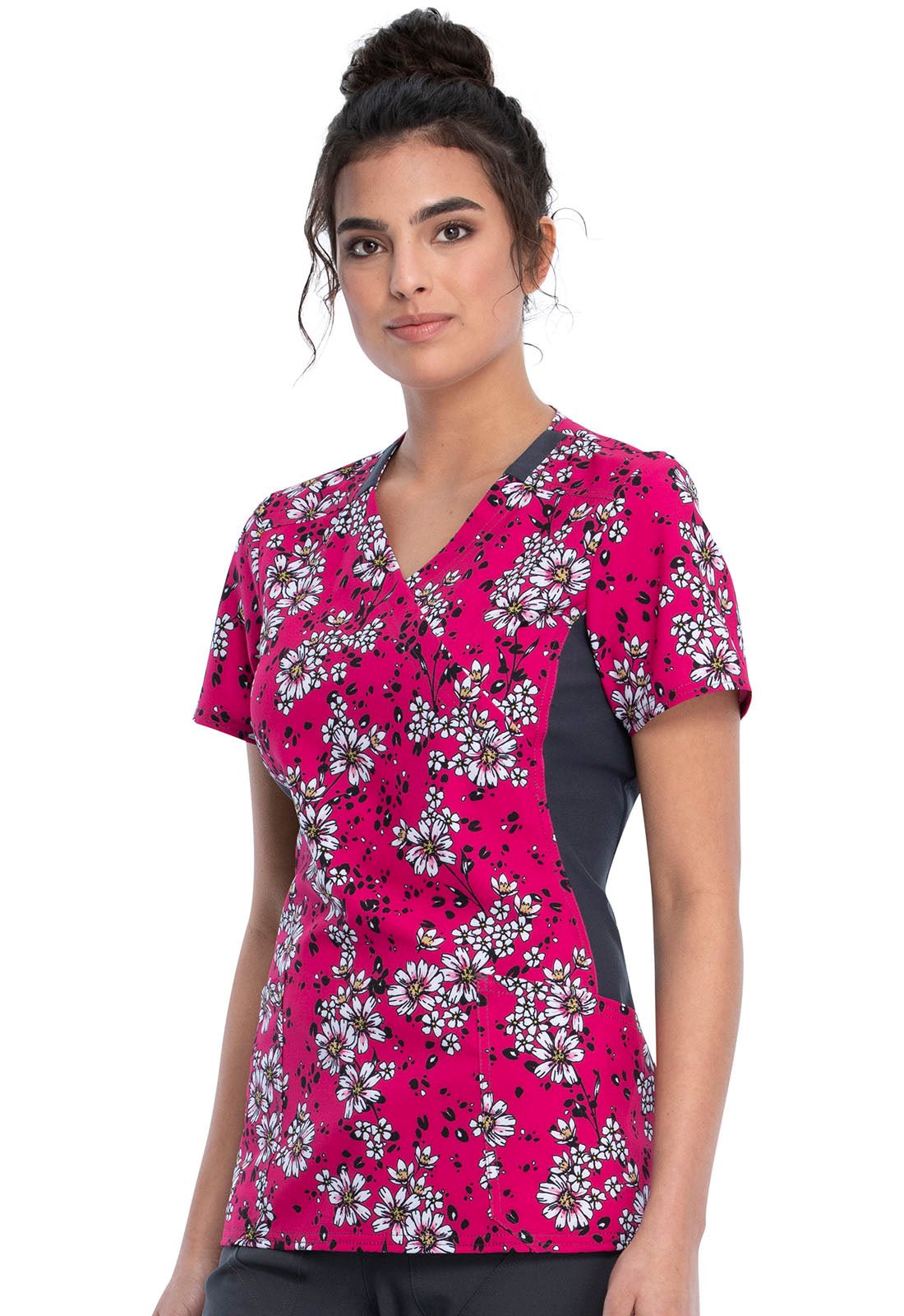 Floral Print Mock Wrap Knit Panel Scrub Top CK642 WAVW - Scrubs Select