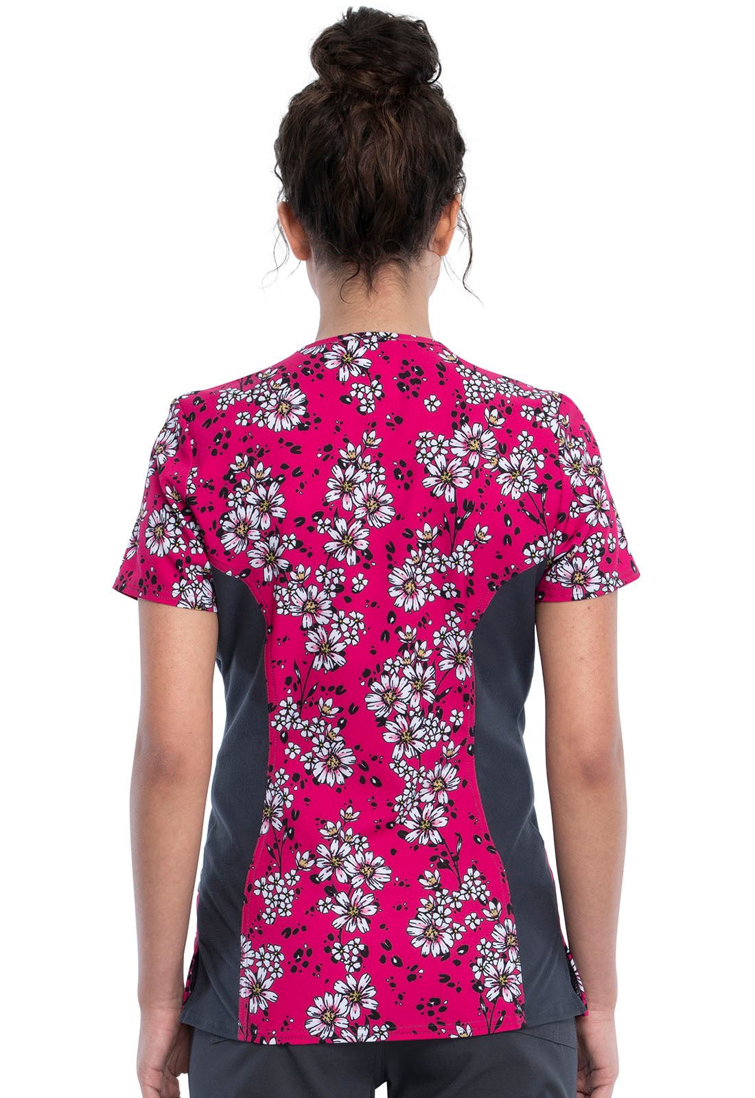 Floral Print Mock Wrap Knit Panel Scrub Top CK642 WAVW - Scrubs Select