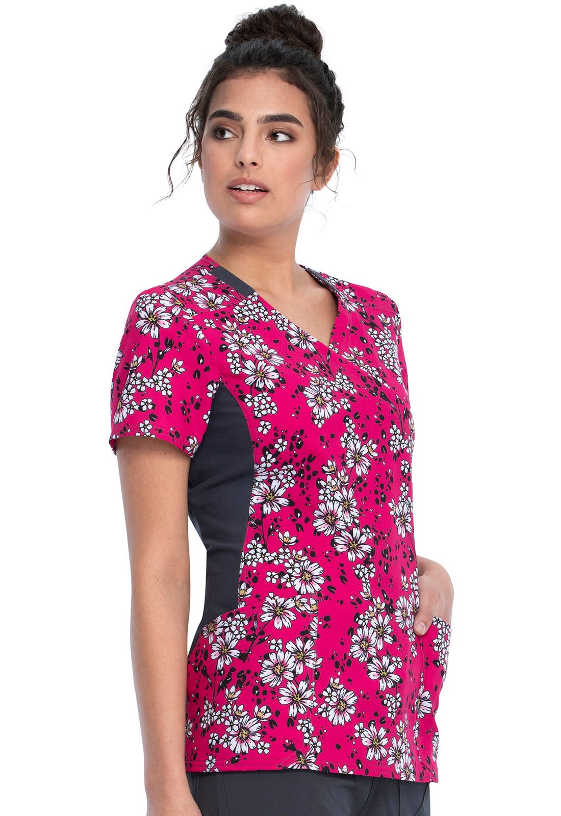 Floral Print Mock Wrap Knit Panel Scrub Top CK642 WAVW - Scrubs Select