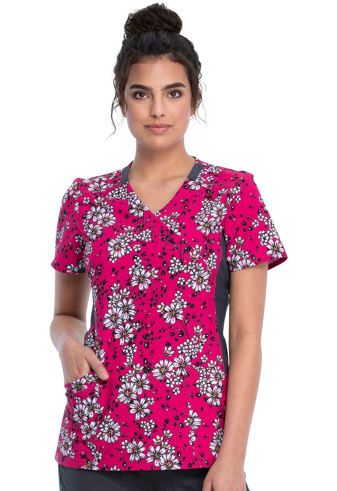 Floral Print Mock Wrap Knit Panel Scrub Top CK642 WAVW - Scrubs Select