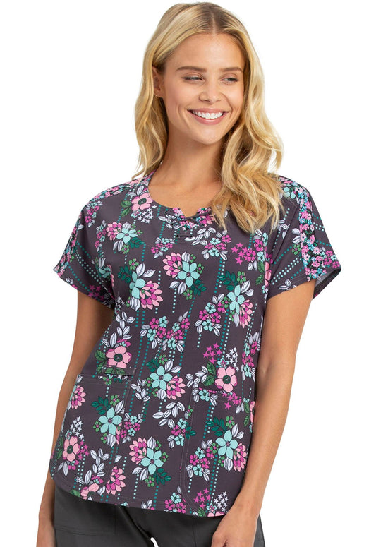 Floral Print Round Neck Scrub Top HS686 MTGY - Scrubs Select