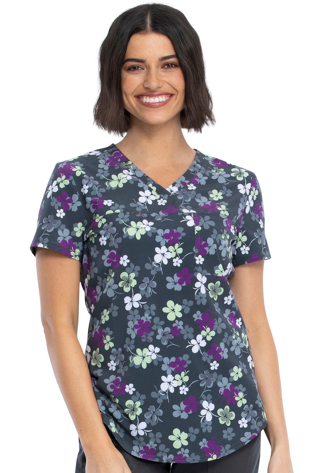 Floral Print V Neck Scrub Top CK693 LVYL - Scrubs Select