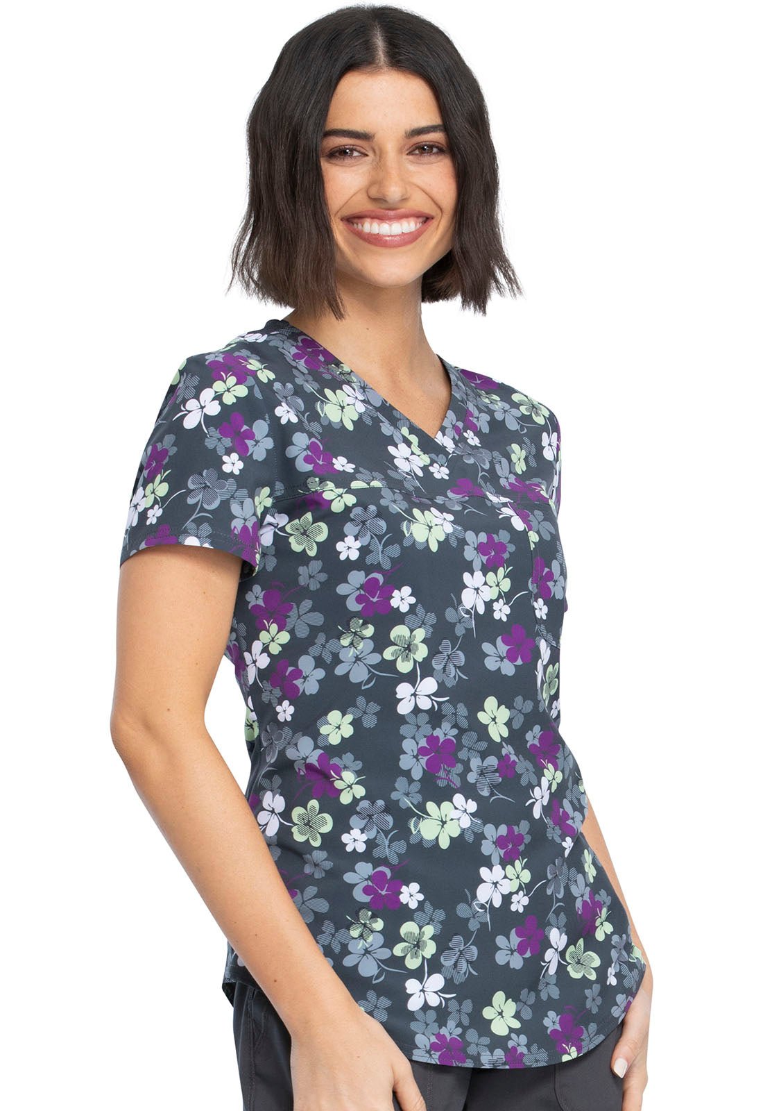 Floral Print V Neck Scrub Top CK693 LVYL - Scrubs Select