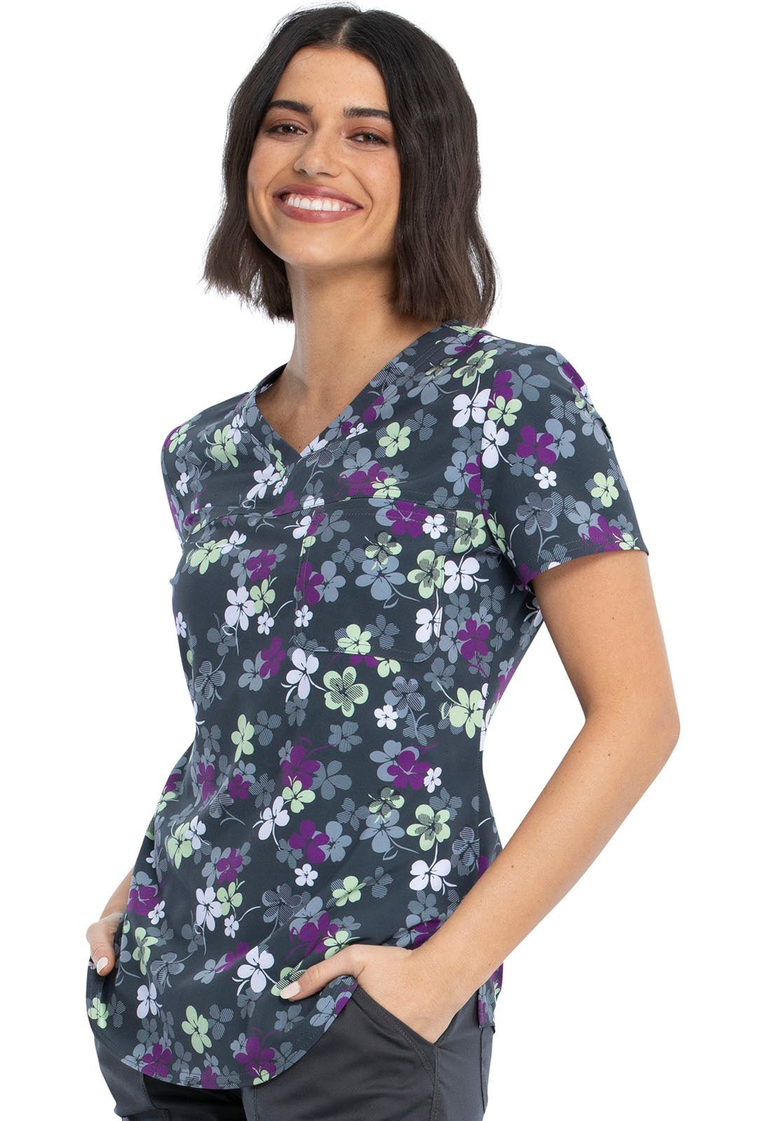 Floral Print V Neck Scrub Top CK693 LVYL - Scrubs Select