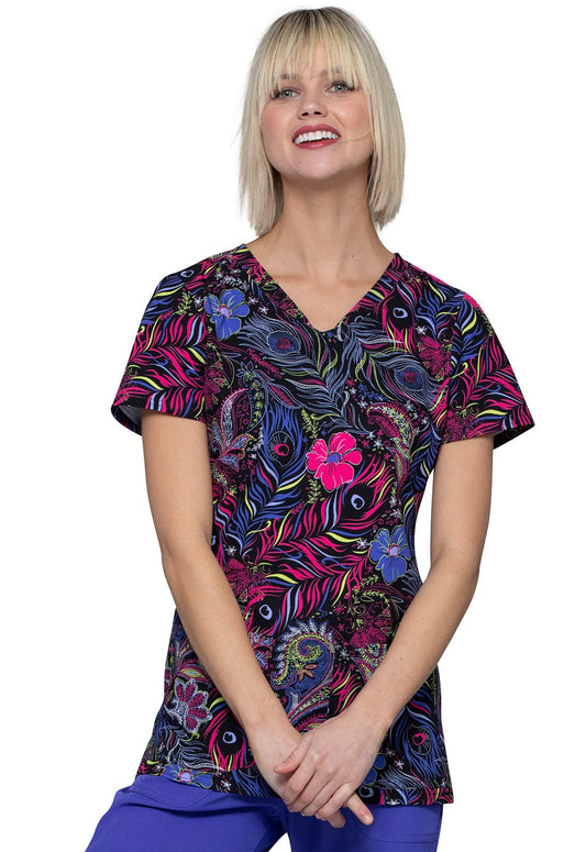 Floral Print V Neck Scrub Top HS614 GYQU - Scrubs Select