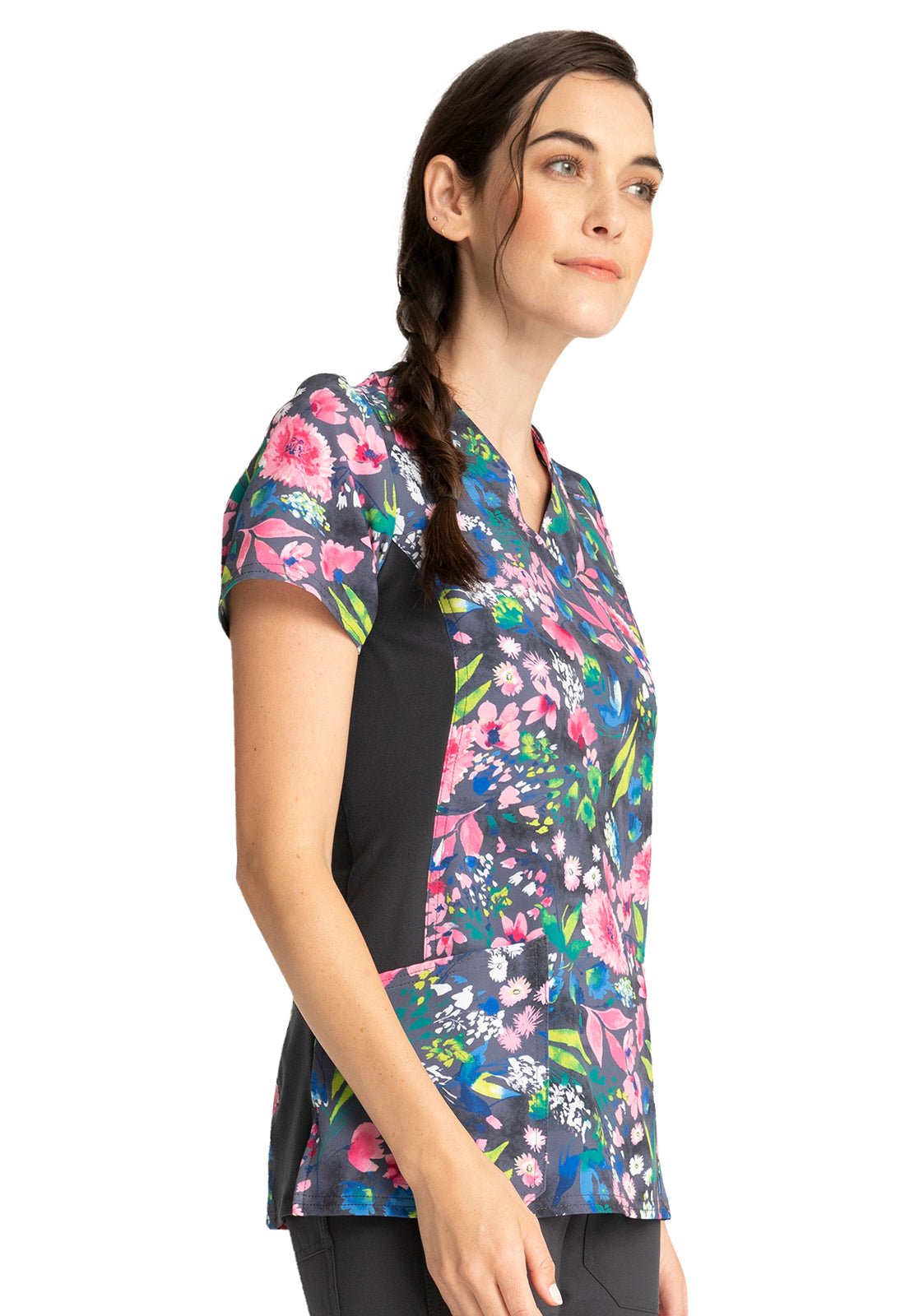 Flower Cherokee iFlex Print Mock Wrap Knit Panel Scrub Top CK642 WCPT - Scrubs Select